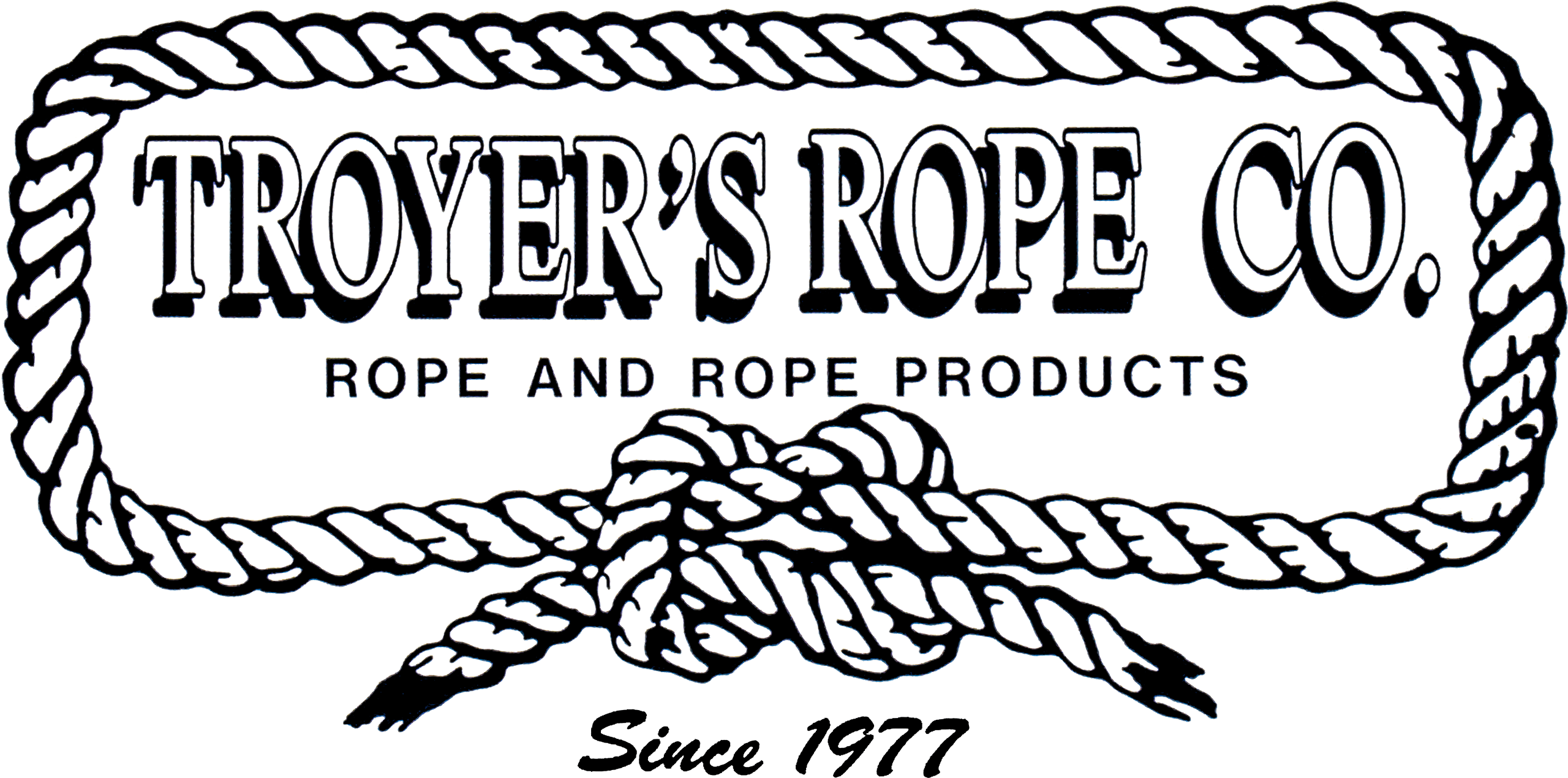 Logo for Troyer's Rope Co. displaying a knotted rope border, bold company name, "Rope and Rope Products," and "Since 1977" at the bottom.