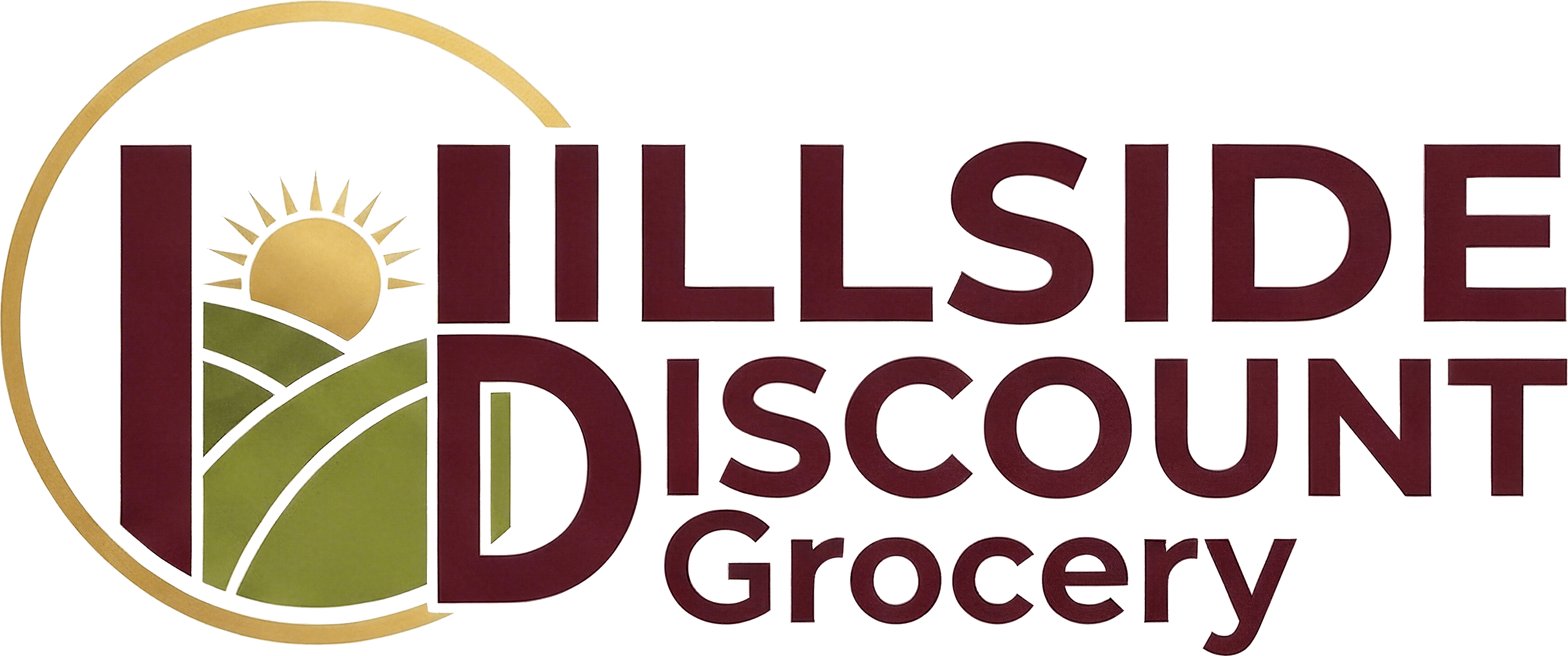 Logo for Hillside Discount Grocery, featuring stylized hills, a sun, and bold maroon text on a white background.