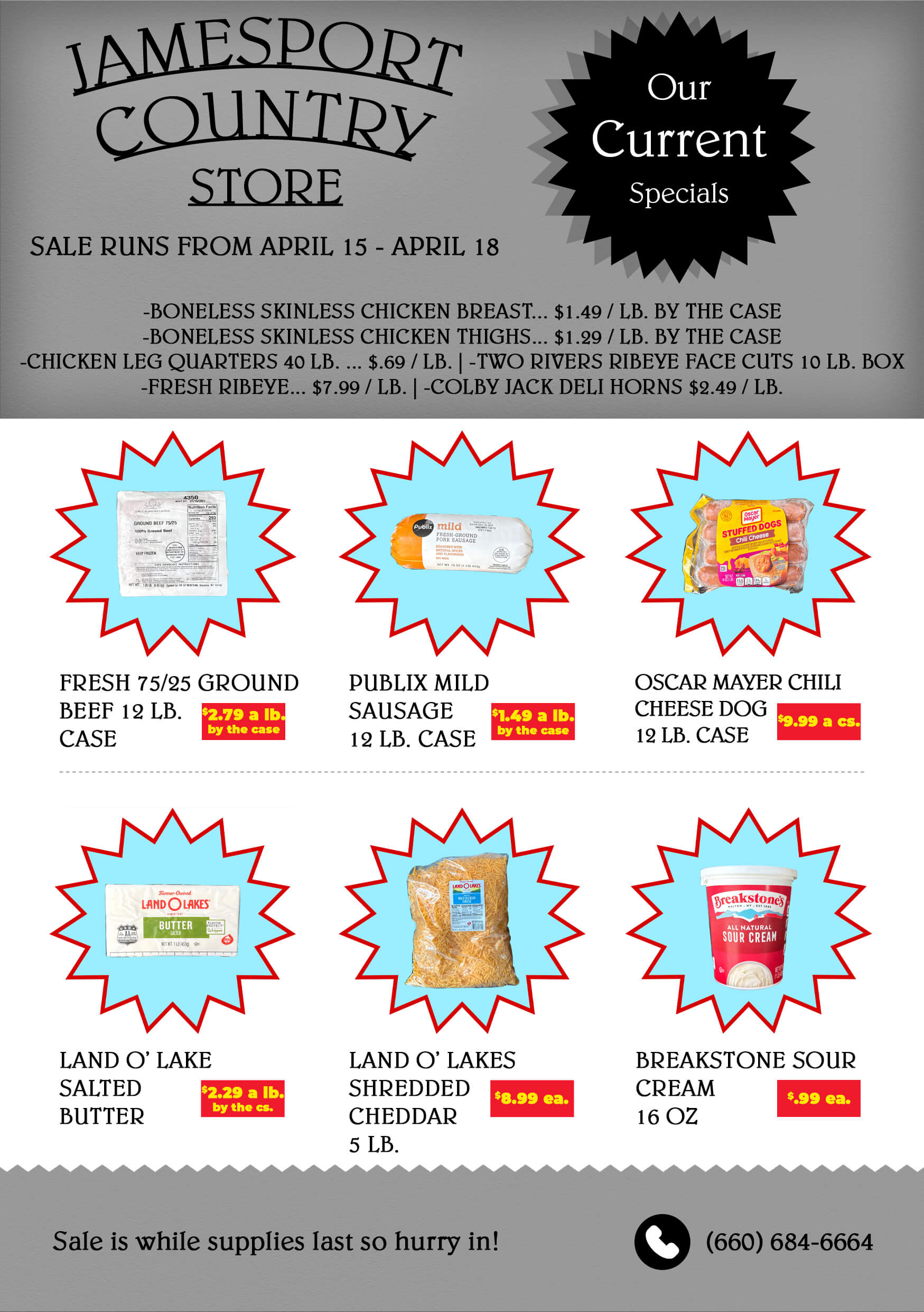 Grocery sale flyer listing discounts on meat, cheese, sausage, sour cream, and more at Jamesport Country Store, valid April 15–18. Contact info and 