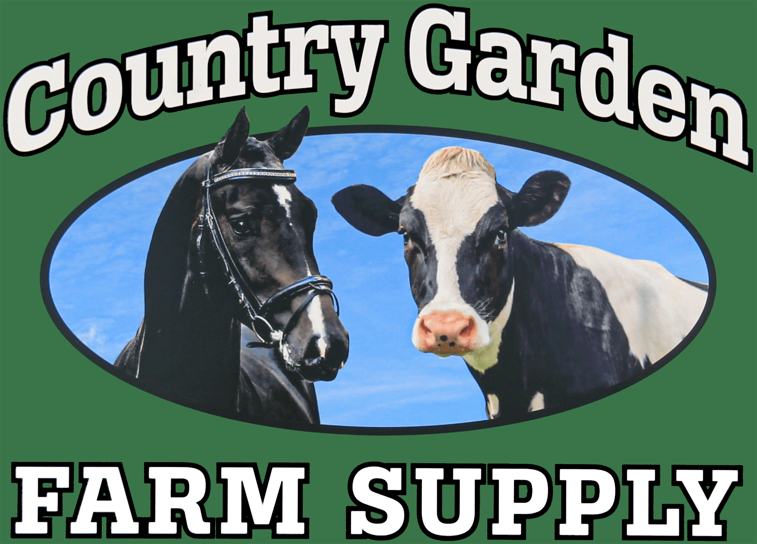 Sign with "Country Garden Farm Supply" text, featuring images of a black horse and a black and white cow against a blue sky background.