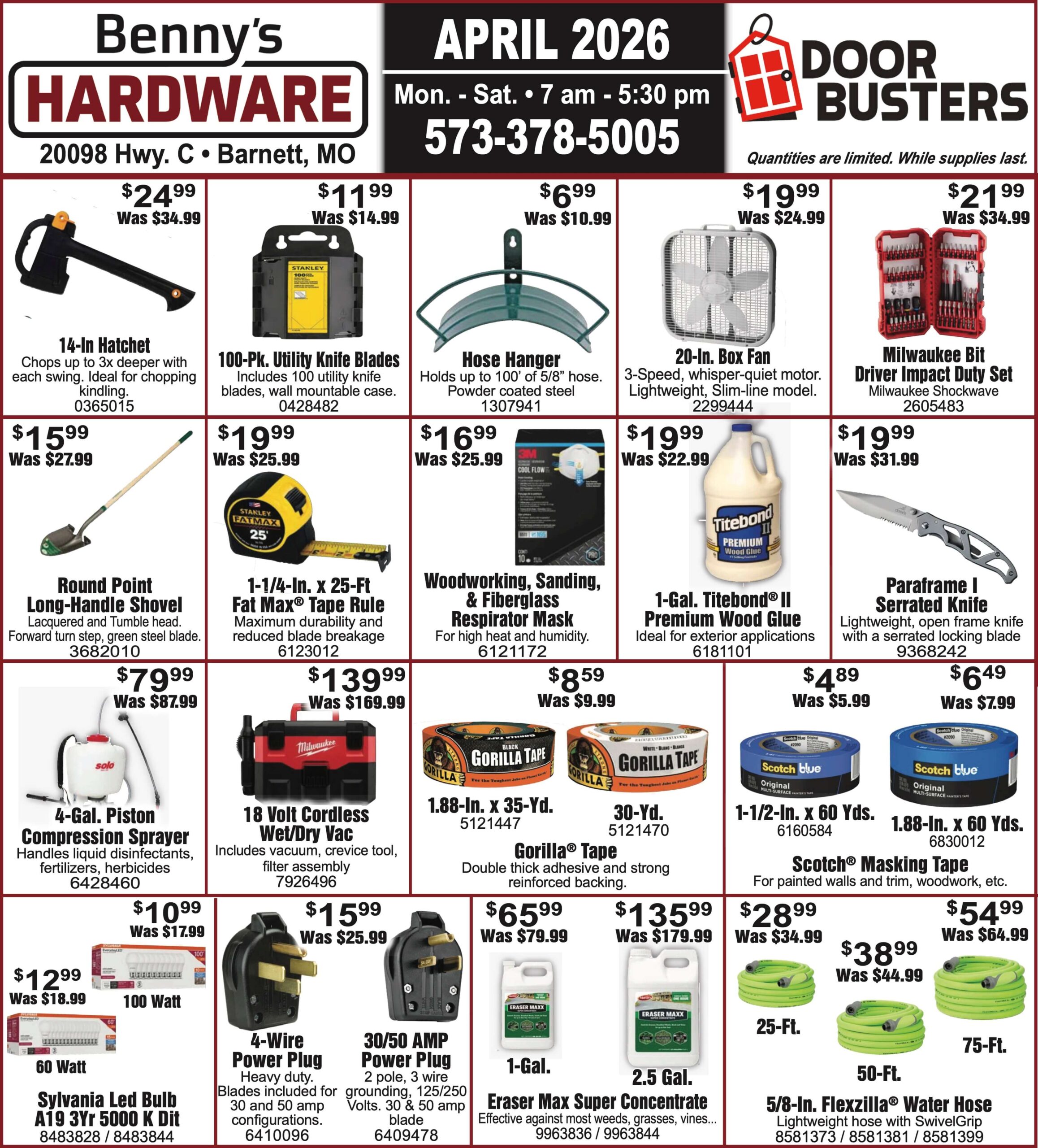 April 2026 hardware store flyer with various tools, outdoor, and home improvement items, each shown with prices and brief descriptions on a white background.