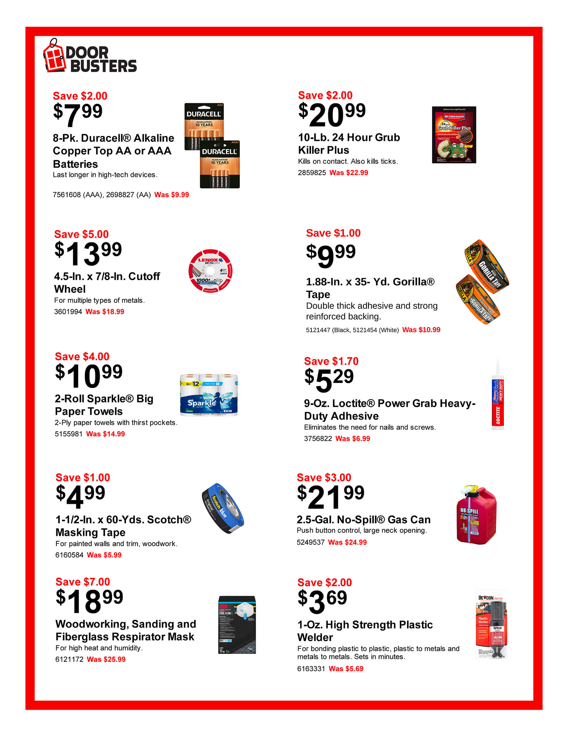 A sales flyer displaying discounted prices on various home improvement products, including batteries, pest killer, tape, sandpaper, glue, and plastic welder, each with images and savings noted.