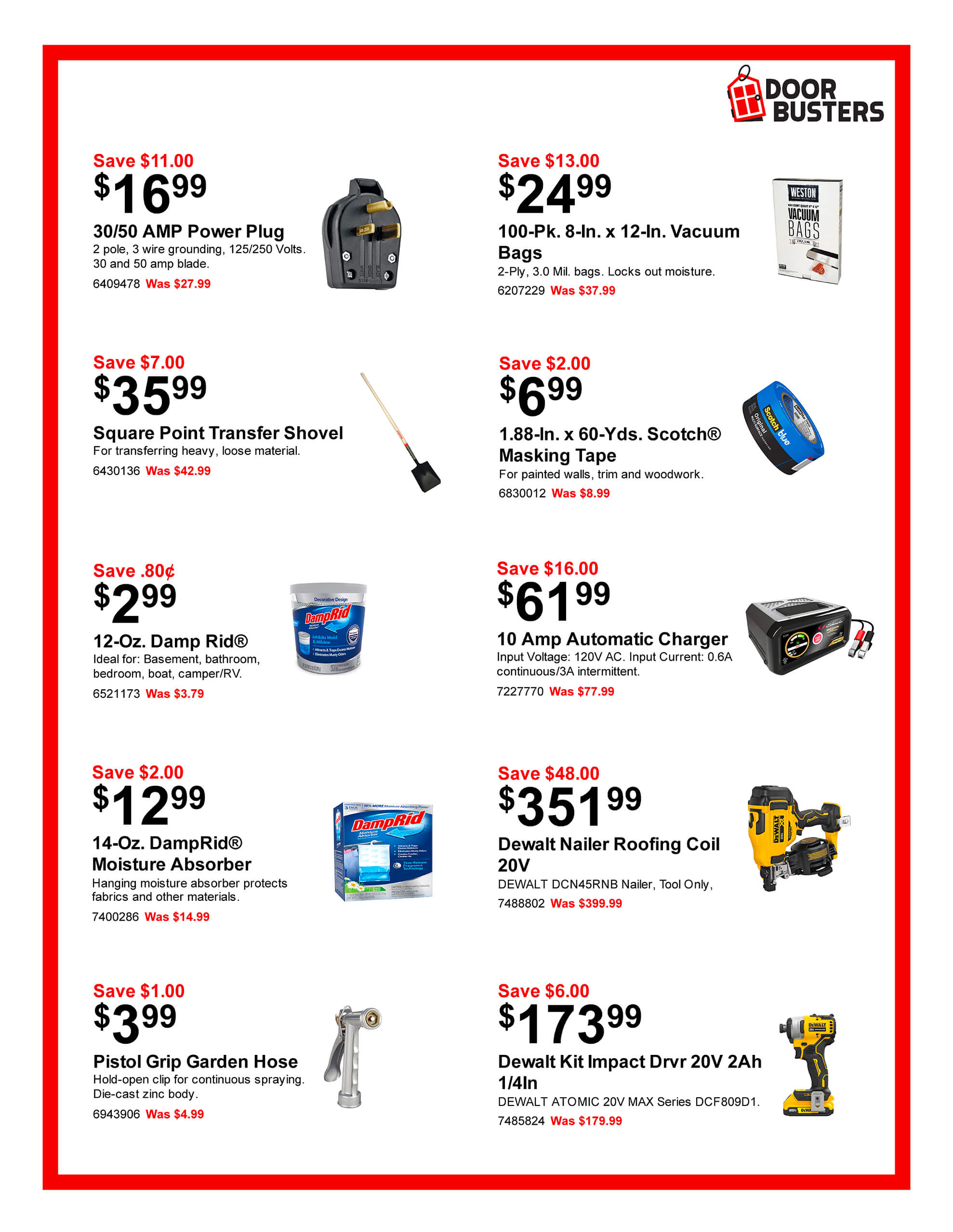 Sales flyer featuring hardware items including power plugs, a vacuum, garden hose grip, roofing coil, extension cord, tape measure, and cleaning products, all with discounted prices and savings listed.