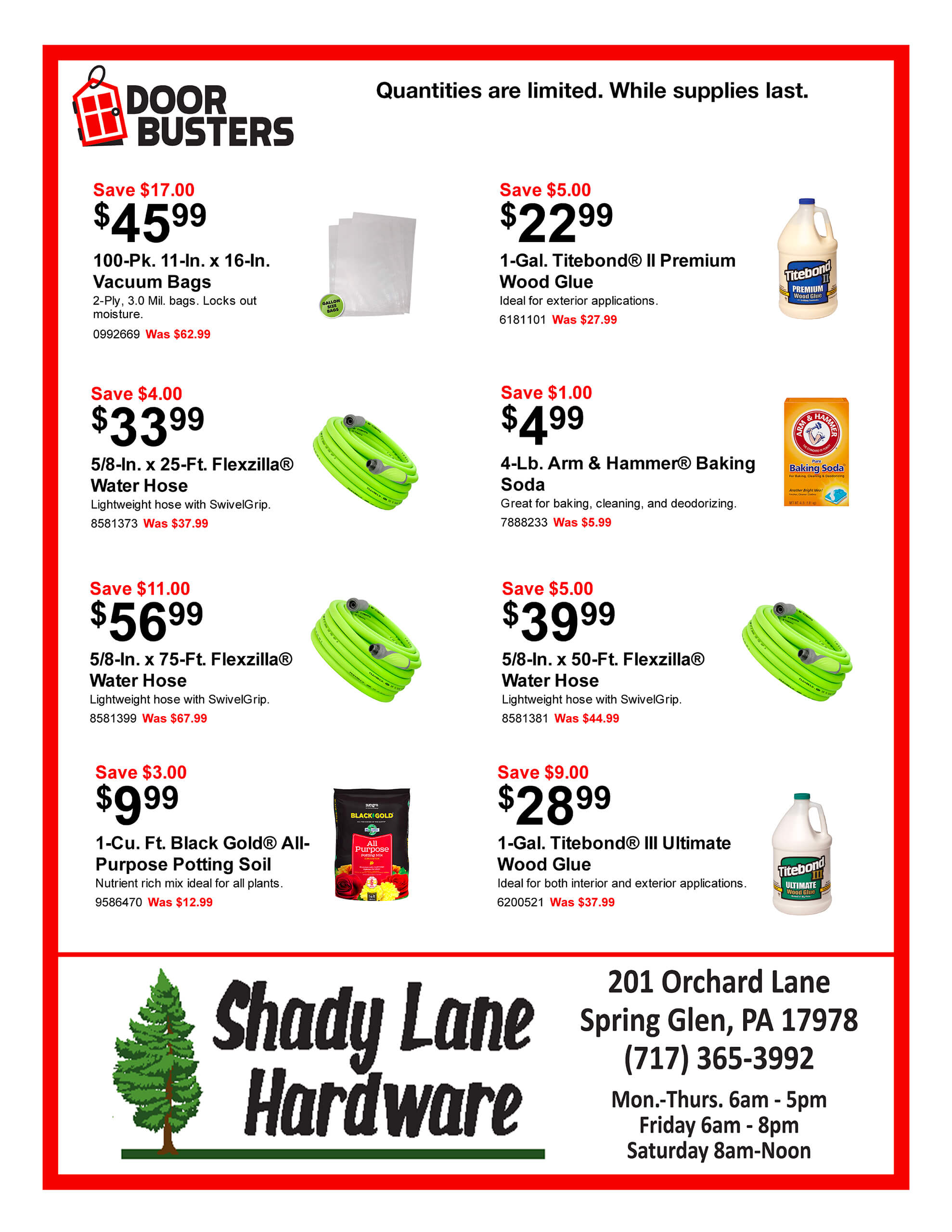 A hardware store flyer advertising sales on hoses, vacuum bags, motor oil, bleach, and other products, with store hours and contact information at the bottom.