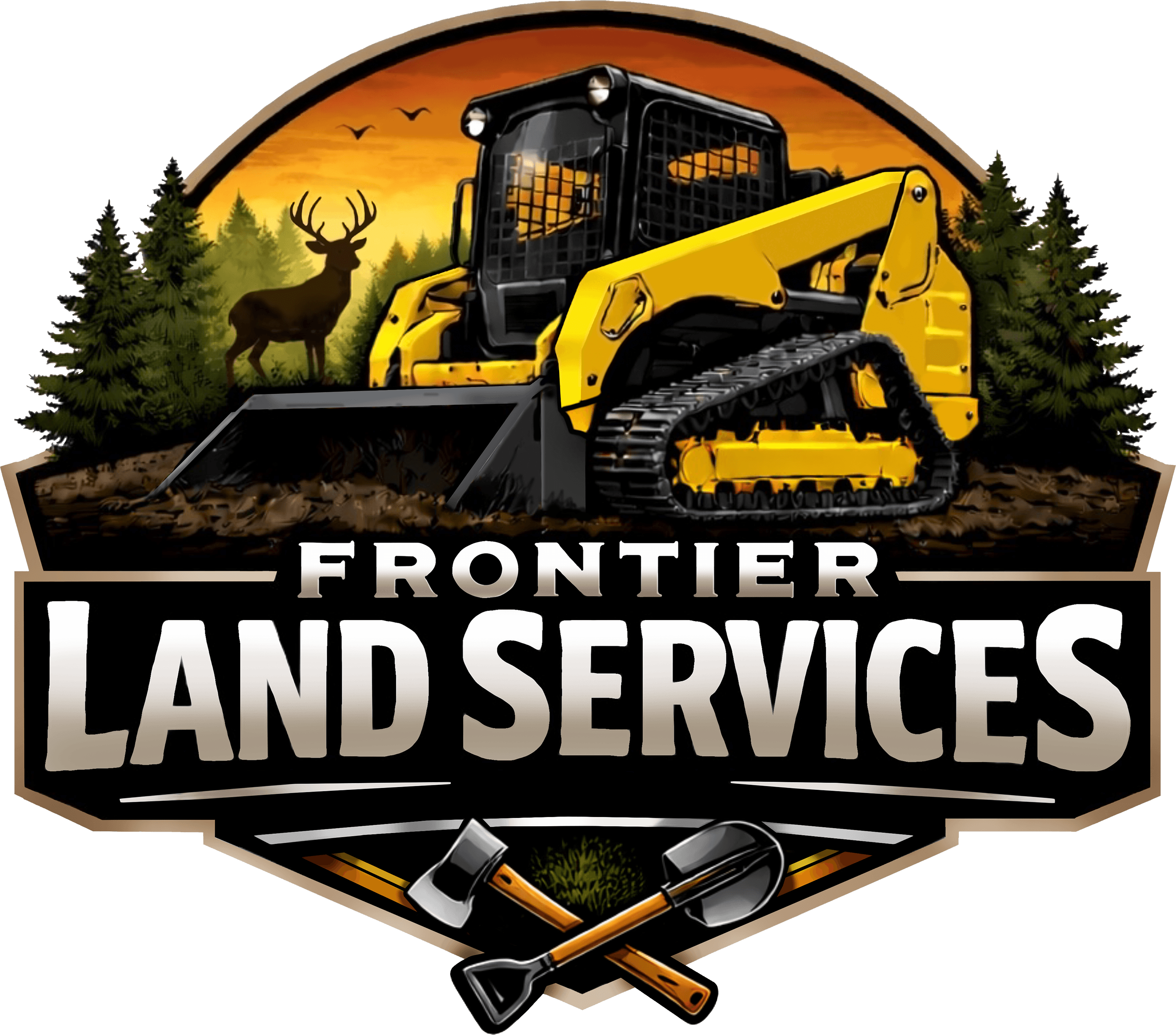 A logo for Frontier Land Services featuring a yellow bulldozer, a deer, trees, and crossed axe and shovel, with a sunset sky in the background.