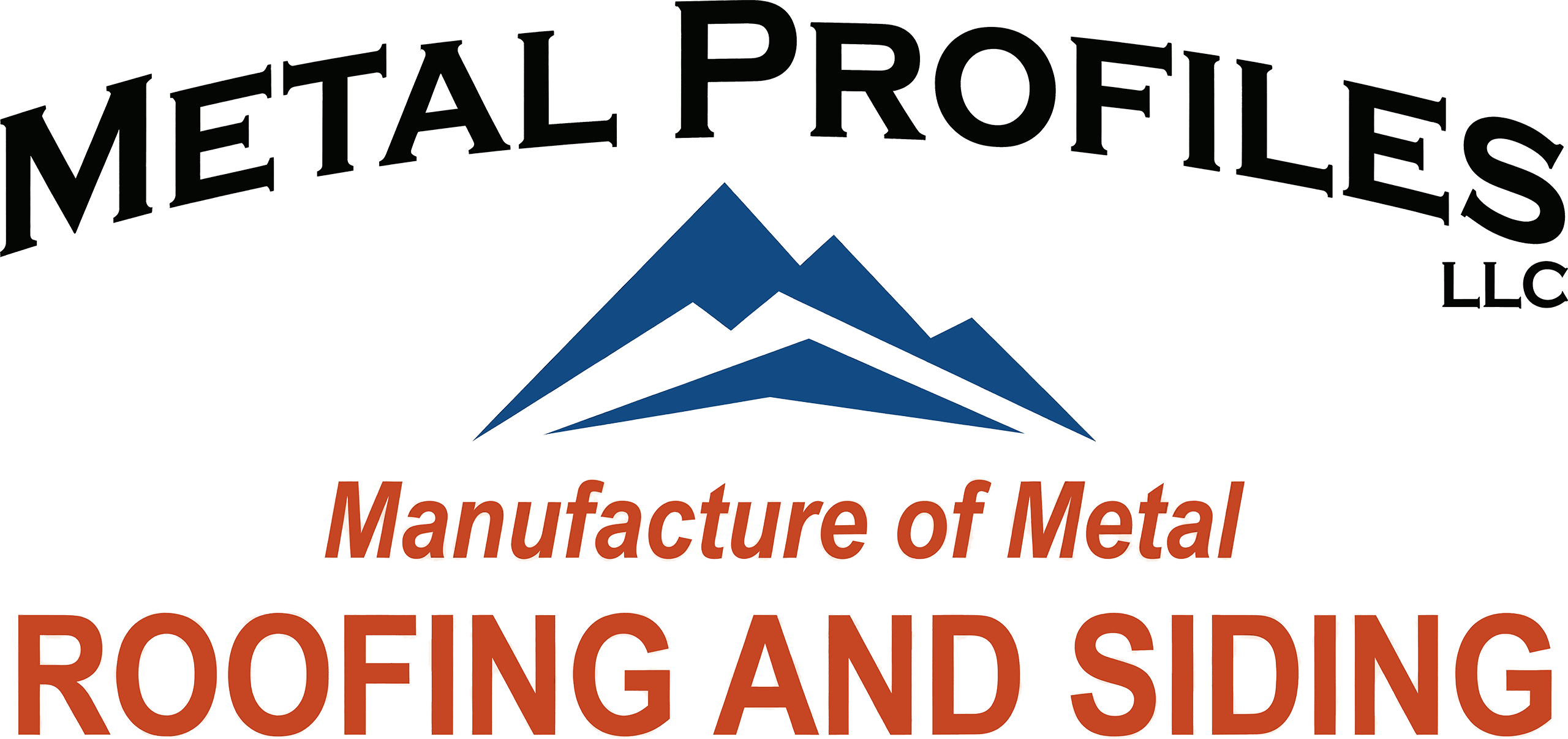 Logo for Metal Profiles LLC featuring blue mountains and text: "Manufacture of Metal Roofing and Siding.
