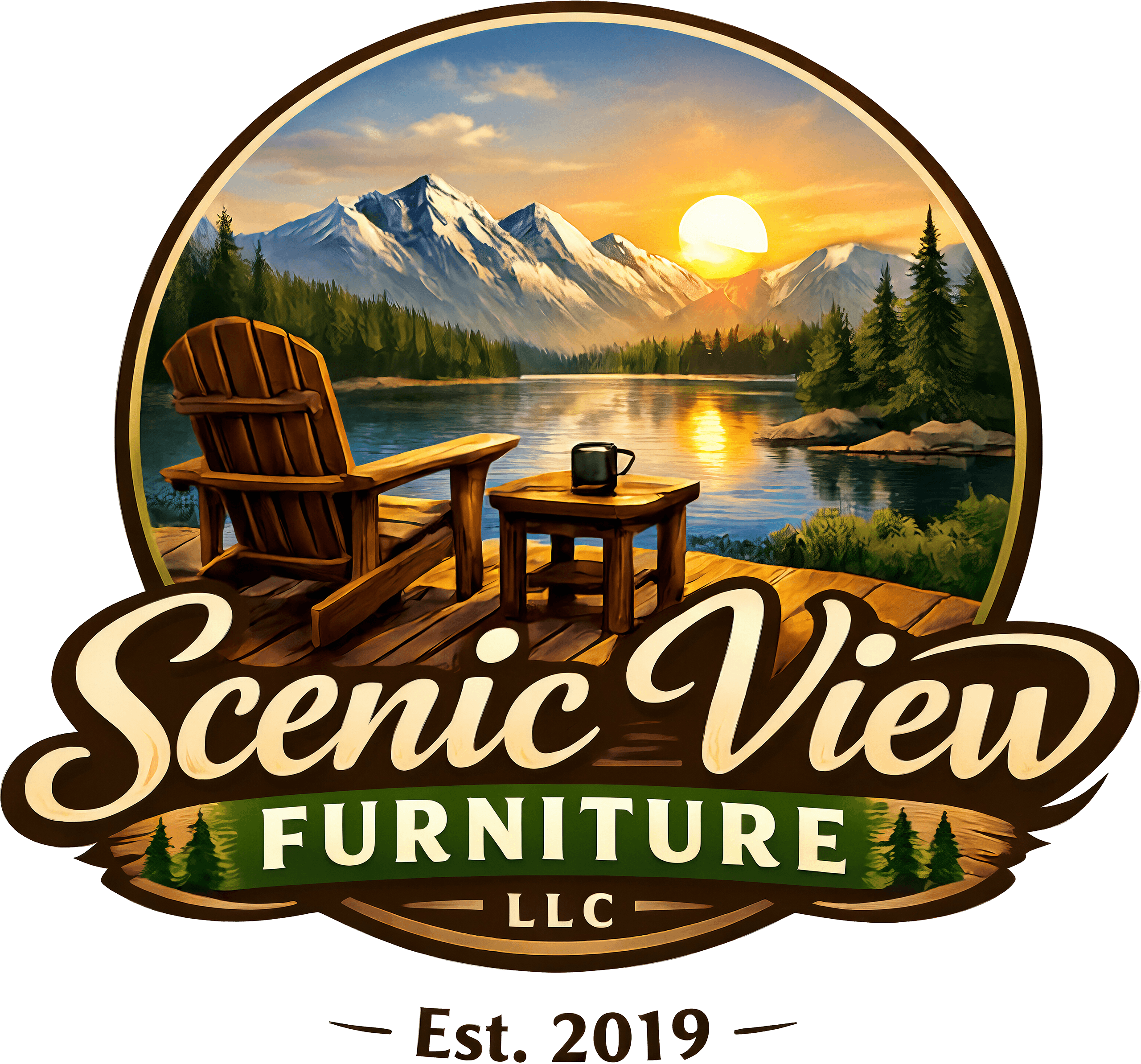 Logo for Scenic View Furniture LLC featuring an Adirondack chair, table, and mug on a deck overlooking a lake and mountains at sunset, with "Est. 2019" at the bottom.