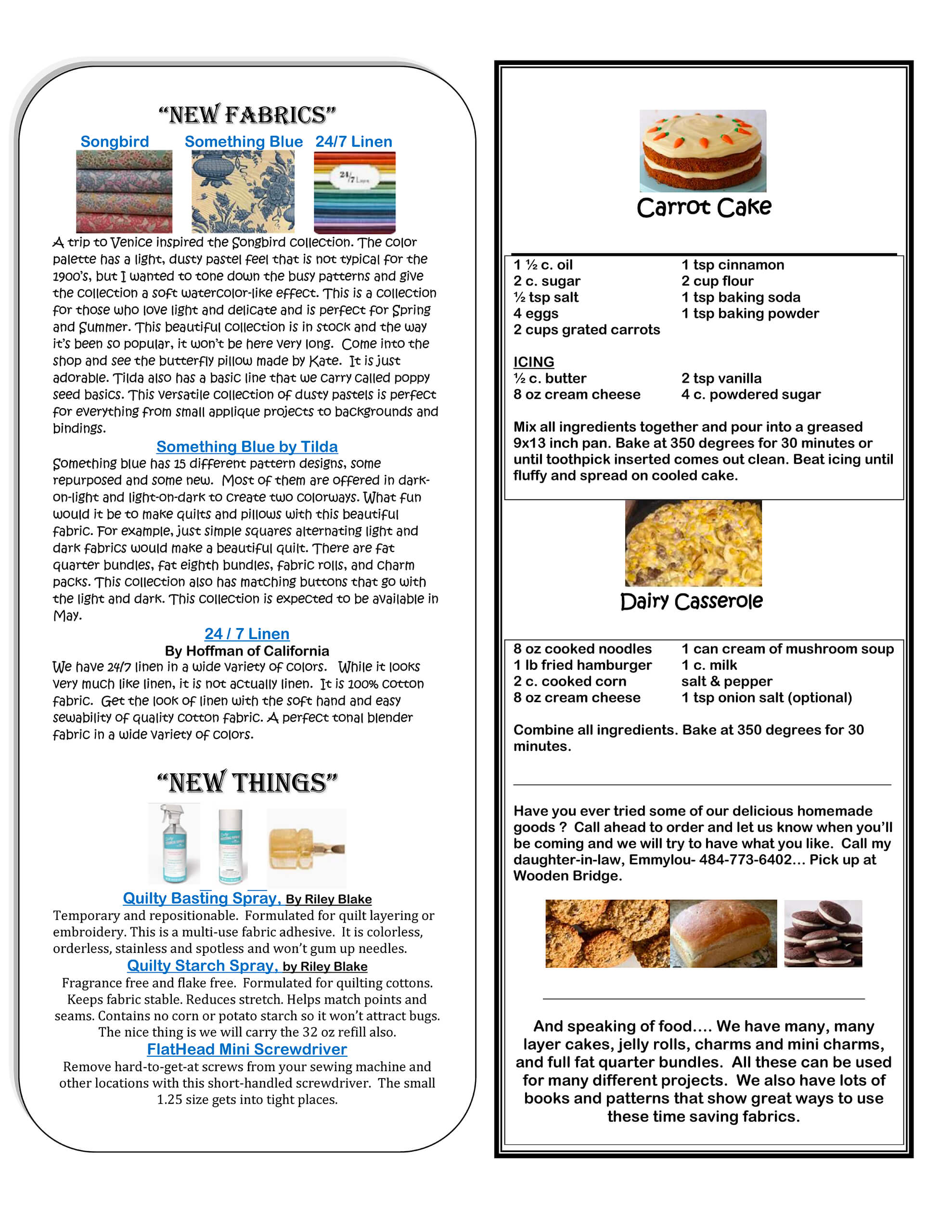 A newsletter page featuring fabric descriptions, new product announcements, and recipes for carrot cake and dairy casserole, with columns and images of the dishes.