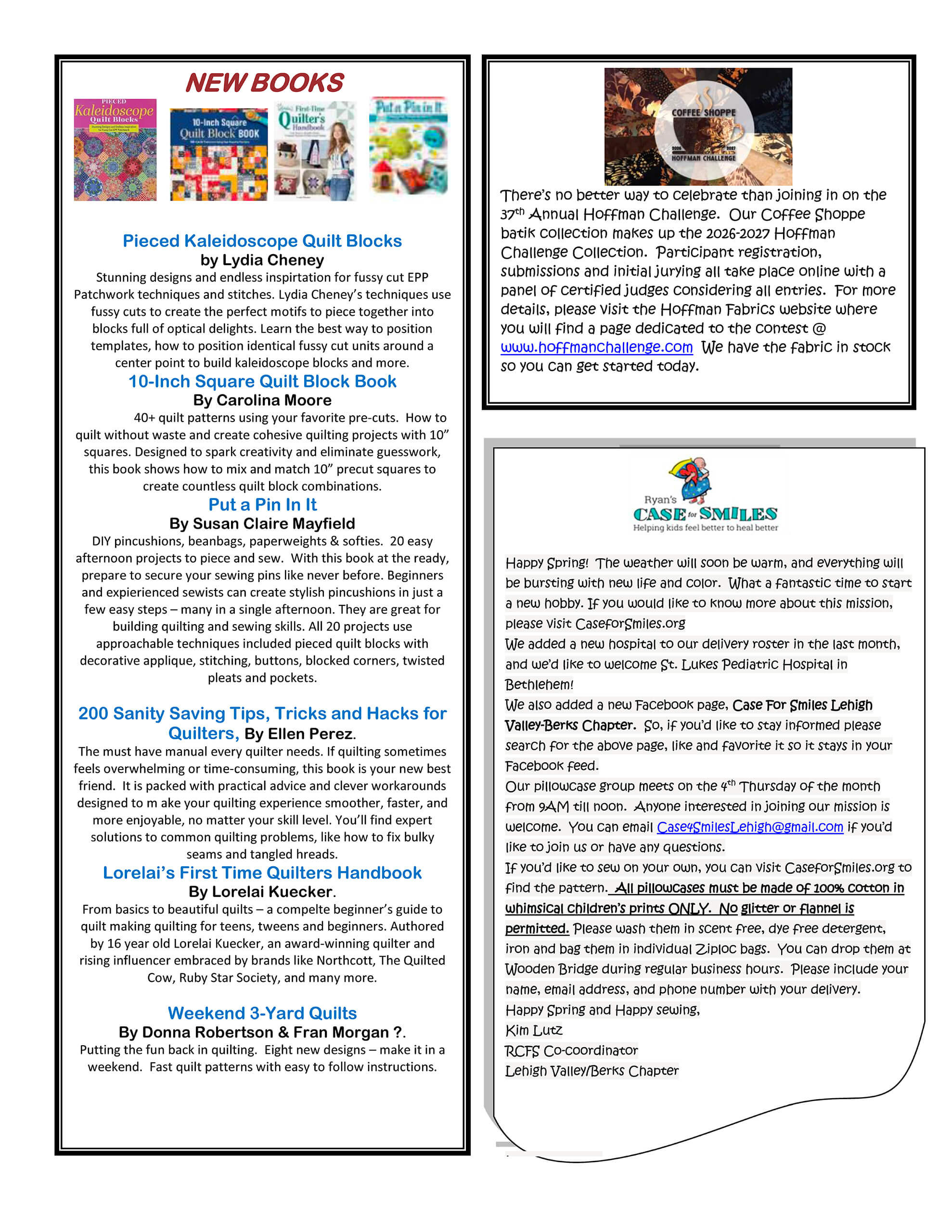 A newsletter page featuring new book descriptions, a community update, a charity initiative, and details about collectible mugs for sale.