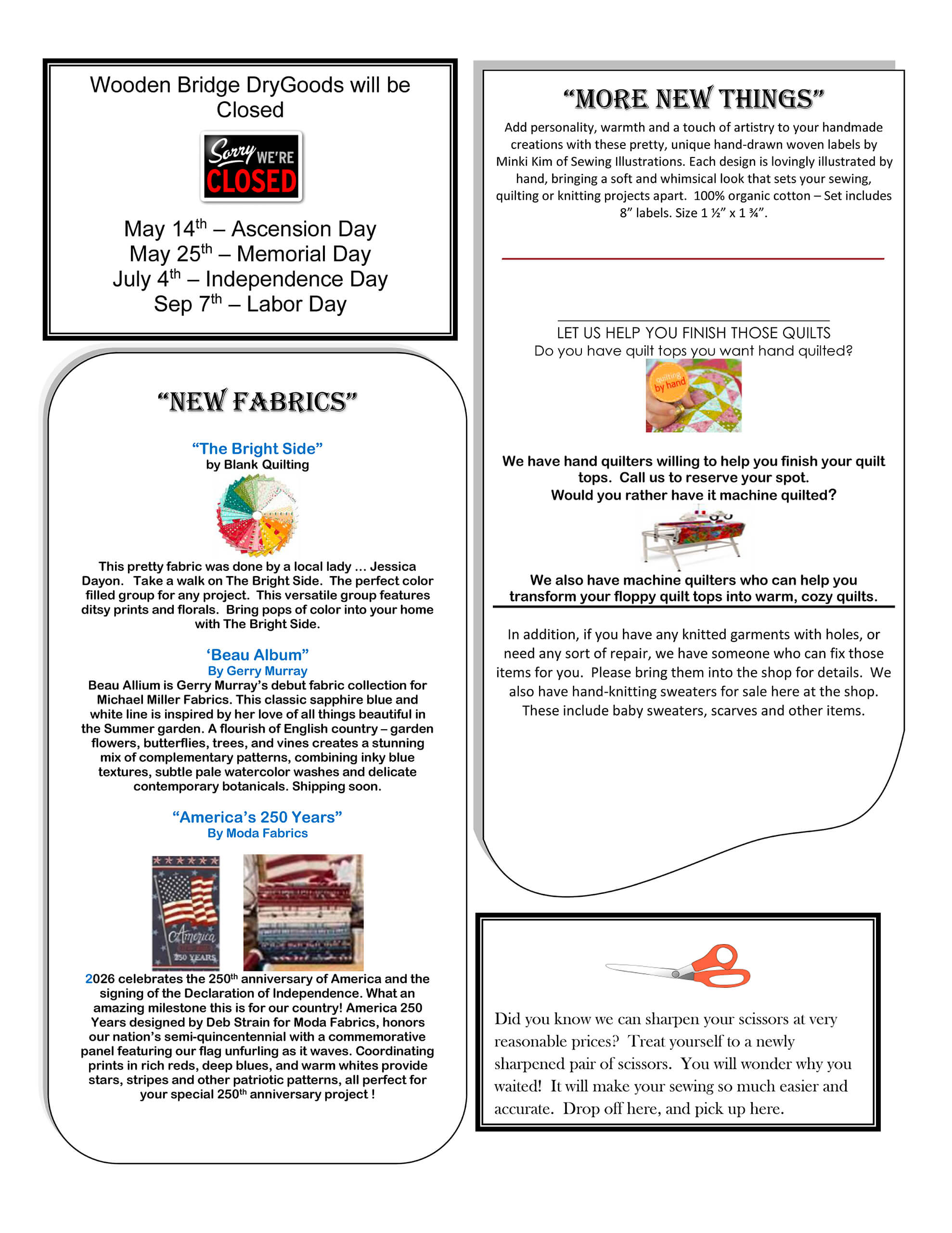 A quilting store flyer features closure dates, new fabric announcements, scissors sharpening, and information about quilt finishing and custom quilt services. Text and decorative borders are included.