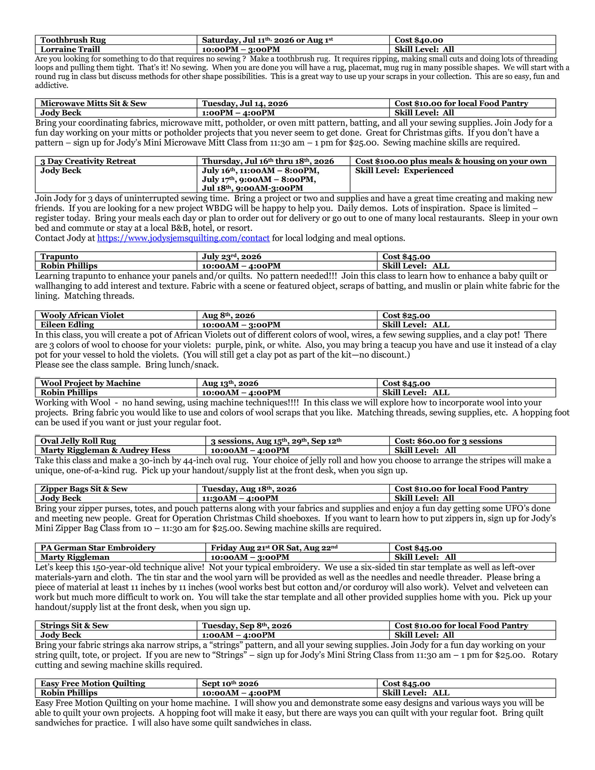 A black-and-white flyer listing quilting and crafting classes, dates, descriptions, costs, and supply lists in a tabular format.