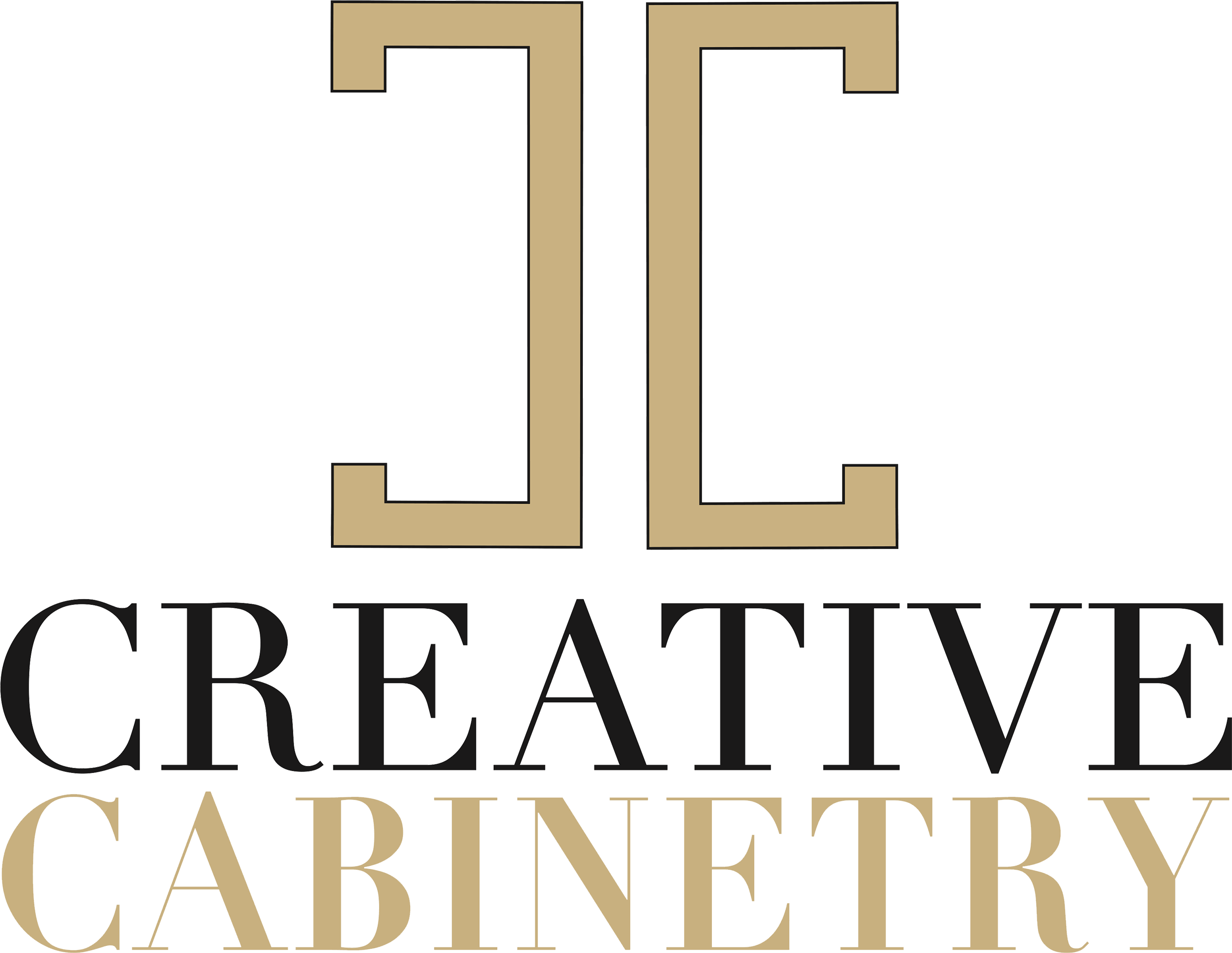 Logo for Creative Cabinetry featuring two stylized, mirrored "C" shapes in gold above the words "CREATIVE CABINETRY" in black and gold capital letters.