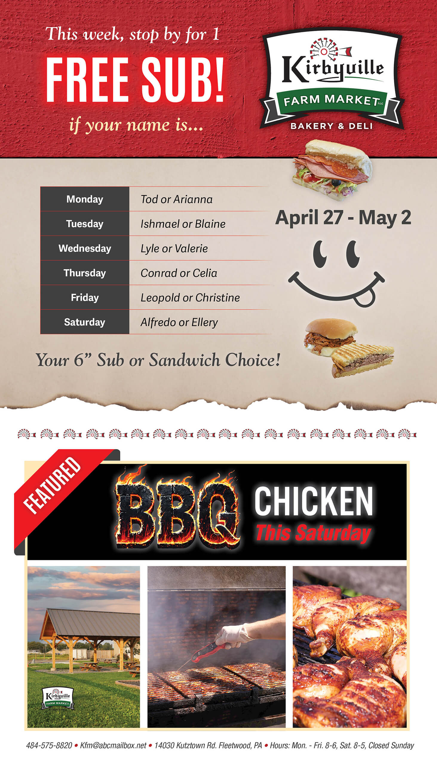 Promotional flyer for Kirbyville Farm Market offering free subs to specific names each day and featuring BBQ chicken on Saturday, valid April 27 to May 2.