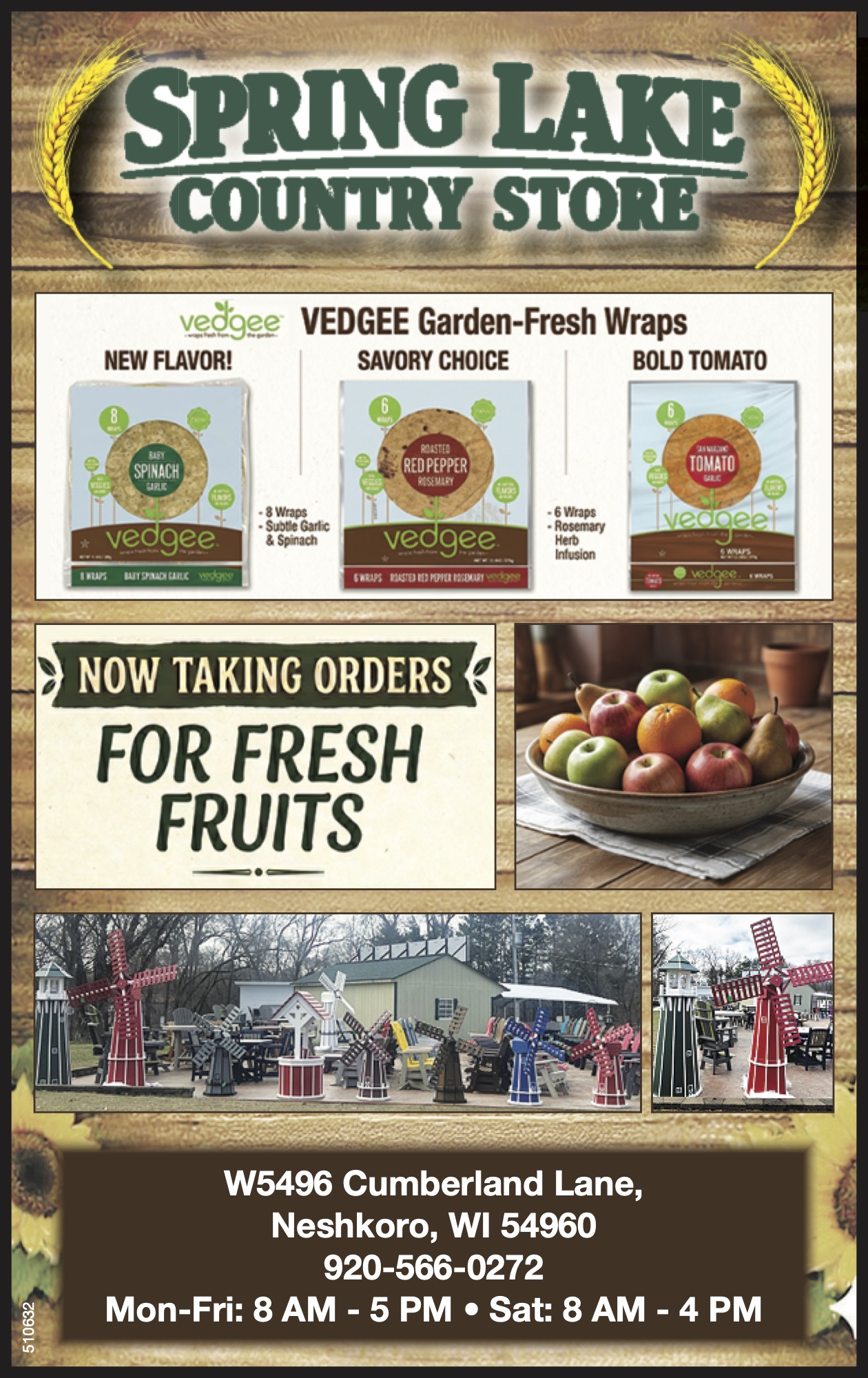 Poster for Spring Lake Country Store features vedgee garden-fresh wraps, announcement for fresh fruit orders, address, phone number, hours, and images of produce and outdoor displays.