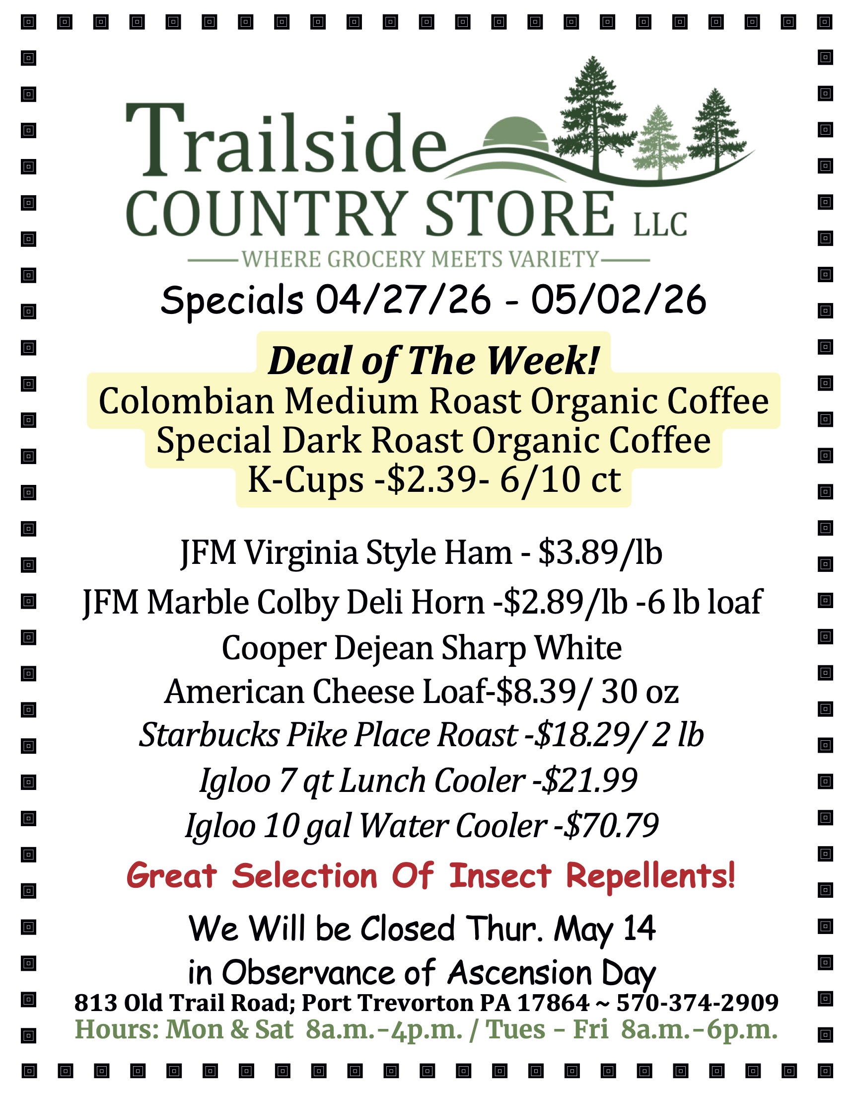 Flyer for Trailside Country Store listing weekly specials on coffee, deli items, cheeses, bulk products, and noting closure on May 14 for Ascension Day.