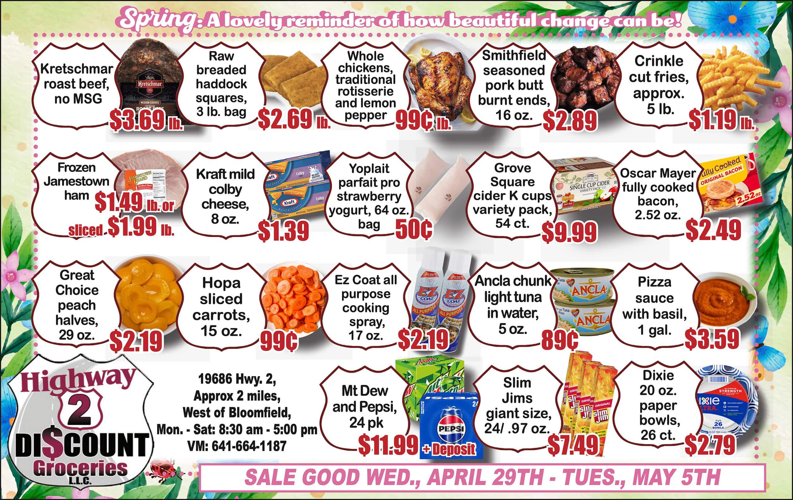 Grocery store flyer featuring various food items with prices, such as breaded chicken, fresh pineapple, yogurt, cheese, fruit, snacks, and beverages. Sale dates: April 29 to May 5.