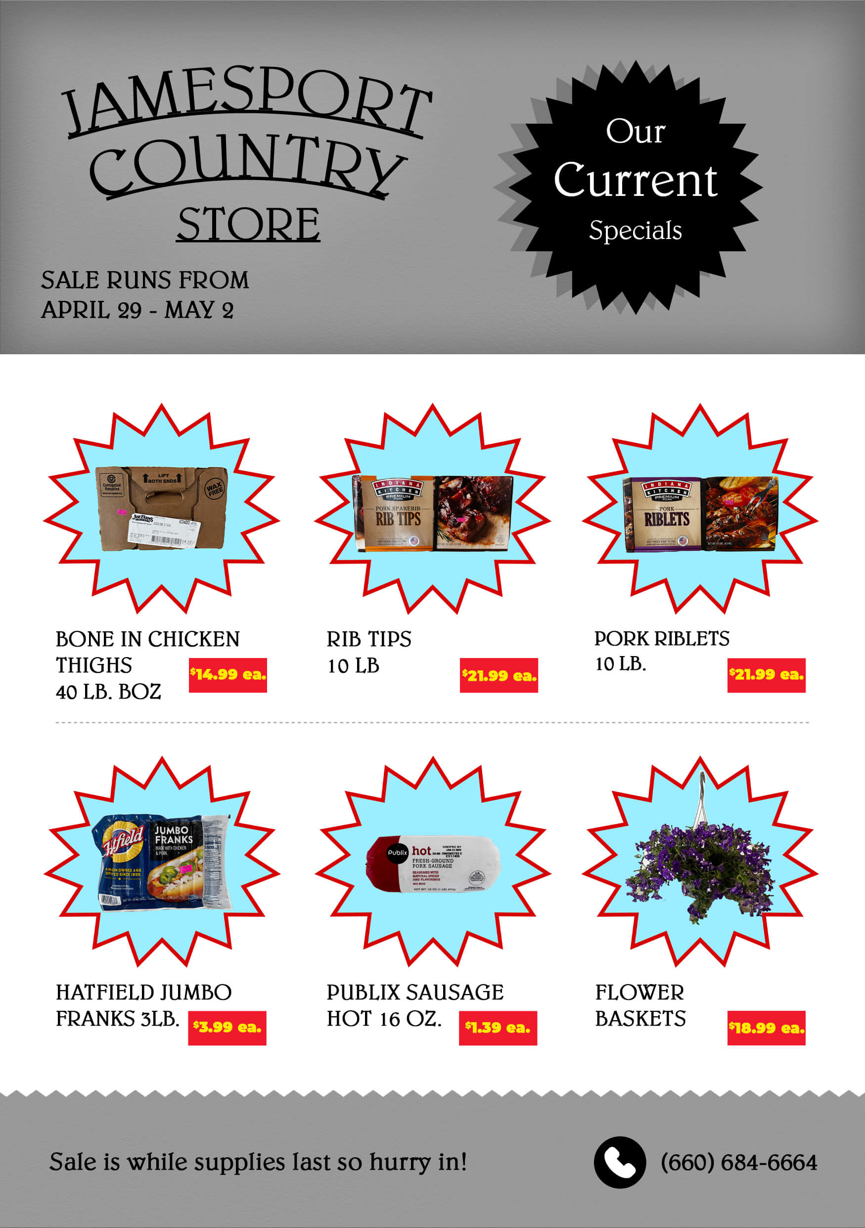 A flyer for Jamesport Country Store lists sale specials on chicken thighs, rib tips, pork riblets, jumbo franks, sausage, and flower baskets, with prices and sale dates.