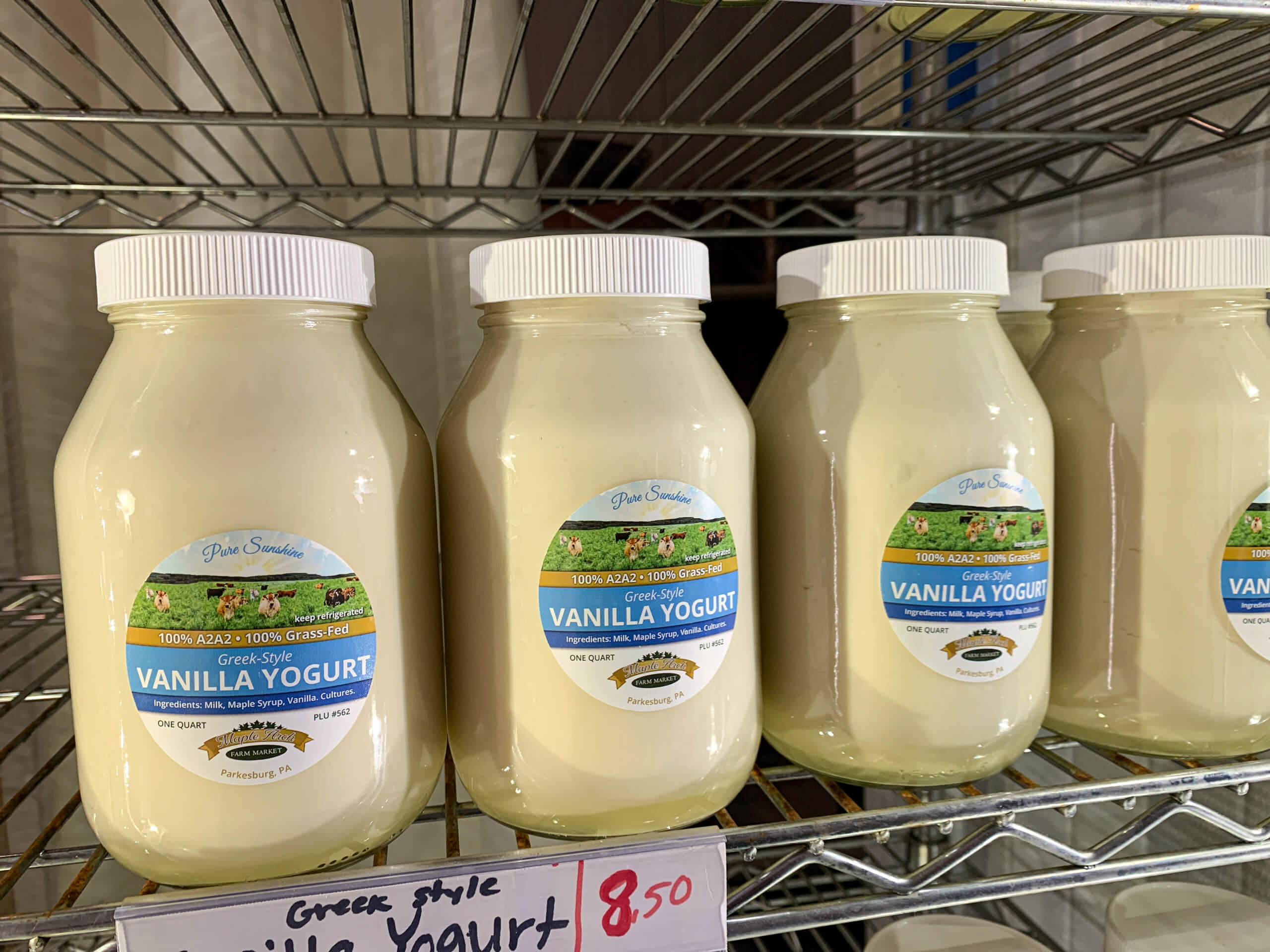 Maple Arch Farm Market Cochranville PA Glass jars of vanilla yogurt labeled “Greek Style Vanilla Yogurt” are displayed on a metal shelf, with a handwritten price sign reading $8.50 below.
