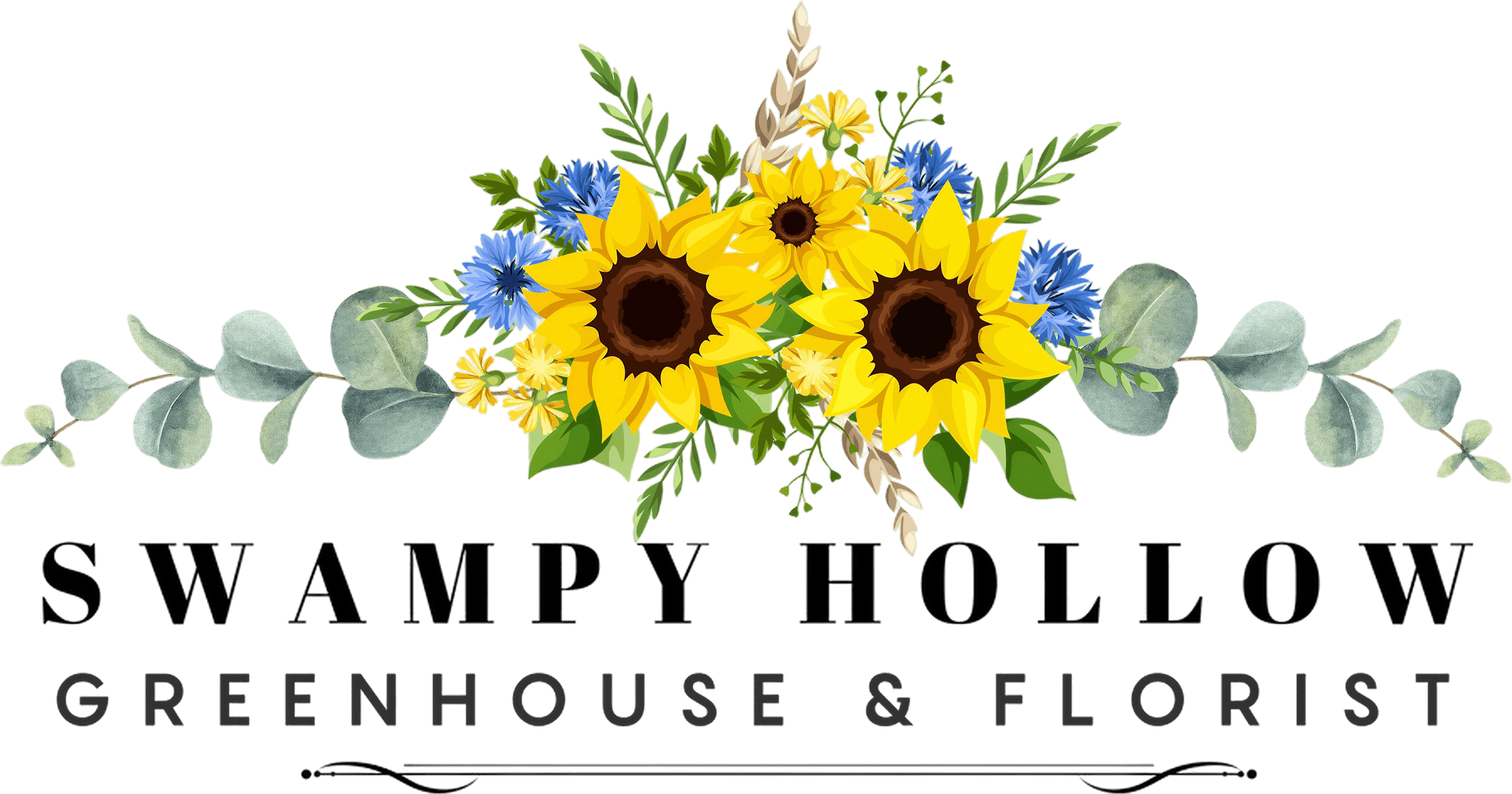 Logo with sunflowers, blue and yellow flowers, and eucalyptus leaves above the text "Swampy Hollow Greenhouse & Florist.