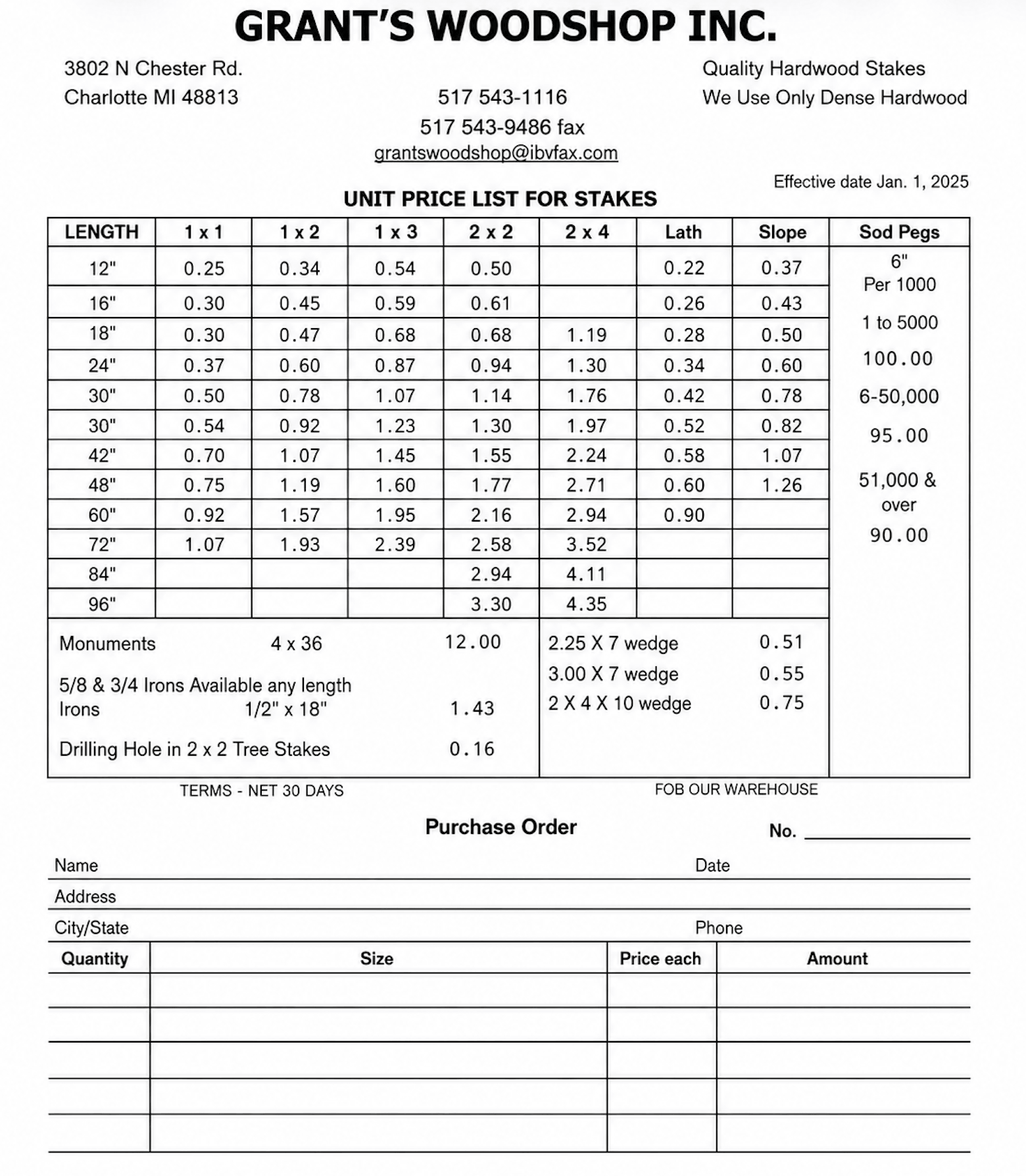 A price list for hardwood stakes from Grant's Woodshop Inc., showing dimensions, unit prices, and a purchase order form at the bottom. Effective date: Jan. 1, 2025.