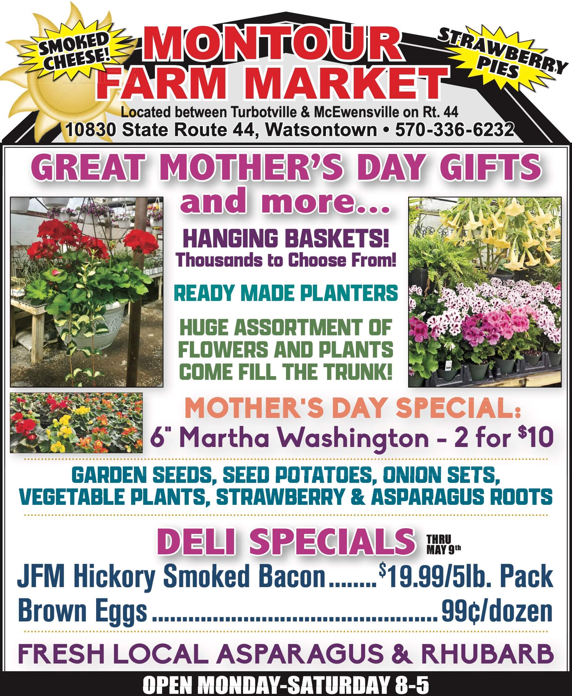 Colorful flyer for Montour Farm Market advertises Mother's Day gifts, produce, plants, deli specials, smoked cheese, and strawberry pies. Business hours and contact info are included.