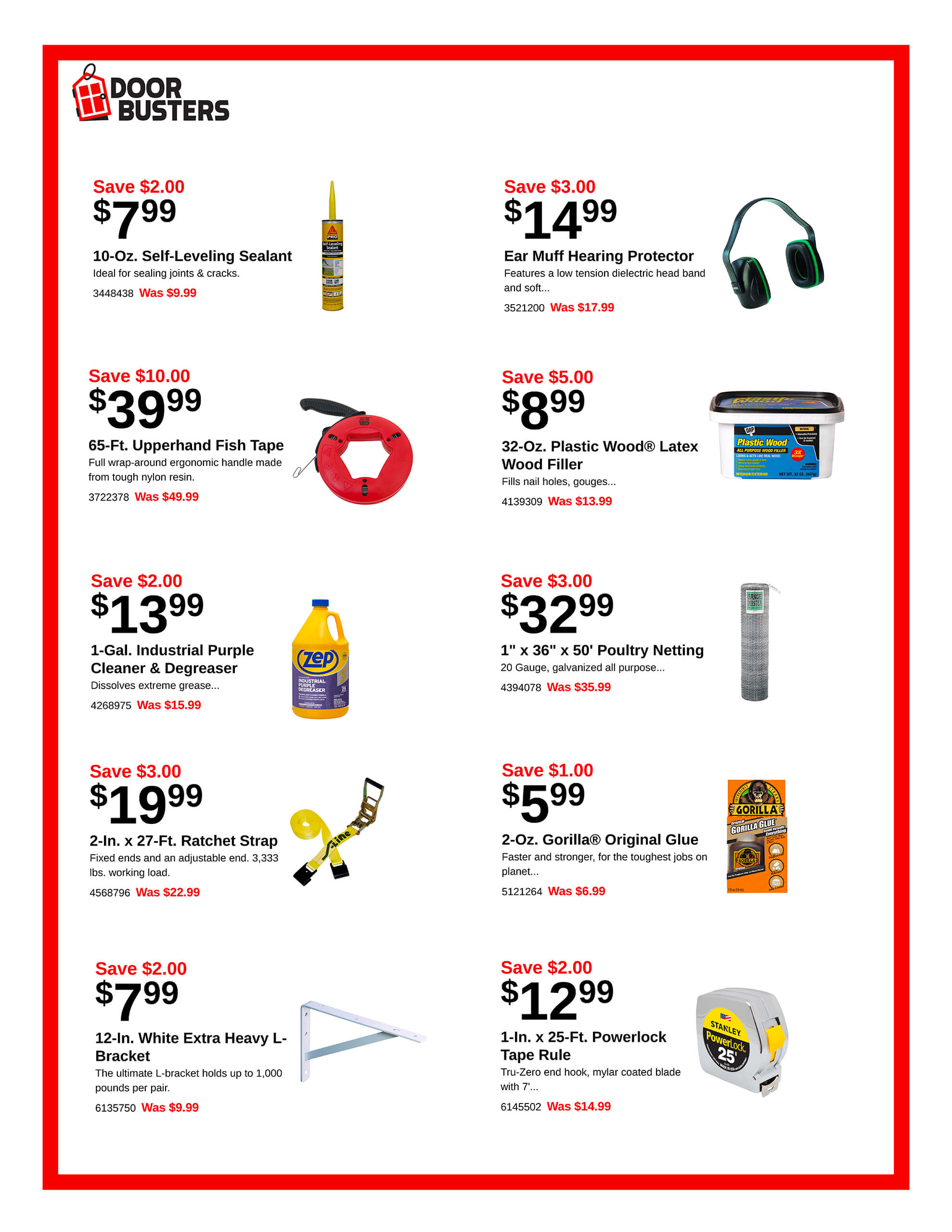 Sales flyer featuring discounted hardware items including sealant, hearing protectors, tape, wood filler, cleaner, poultry netting, tie-down strap, glue, shelf bracket, and tape measure.