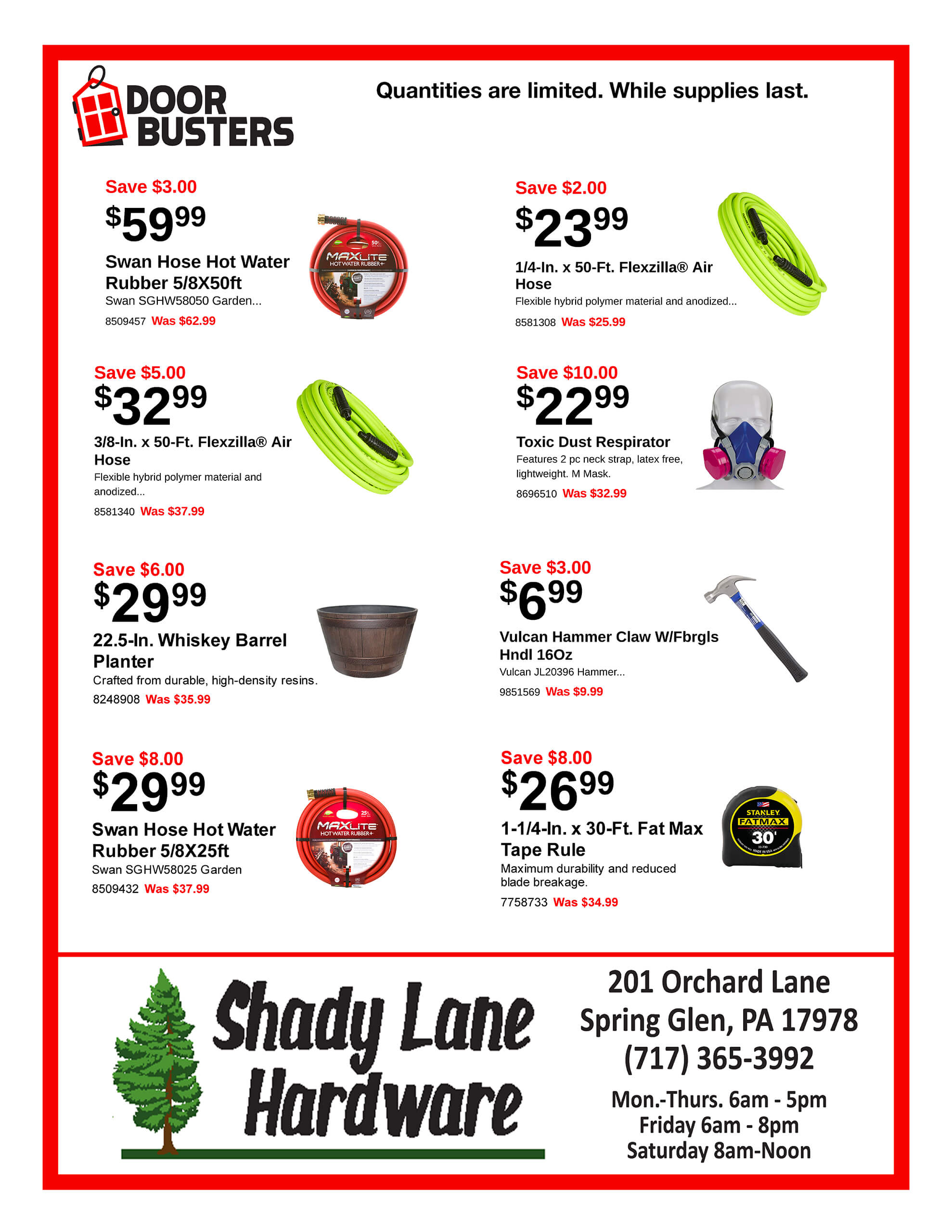 Hardware store sale flyer showing discounted items like hoses, dust respirator, whiskey barrel, WiFi grill, and store info for Shady Lane Hardware in Spring Glen, PA.