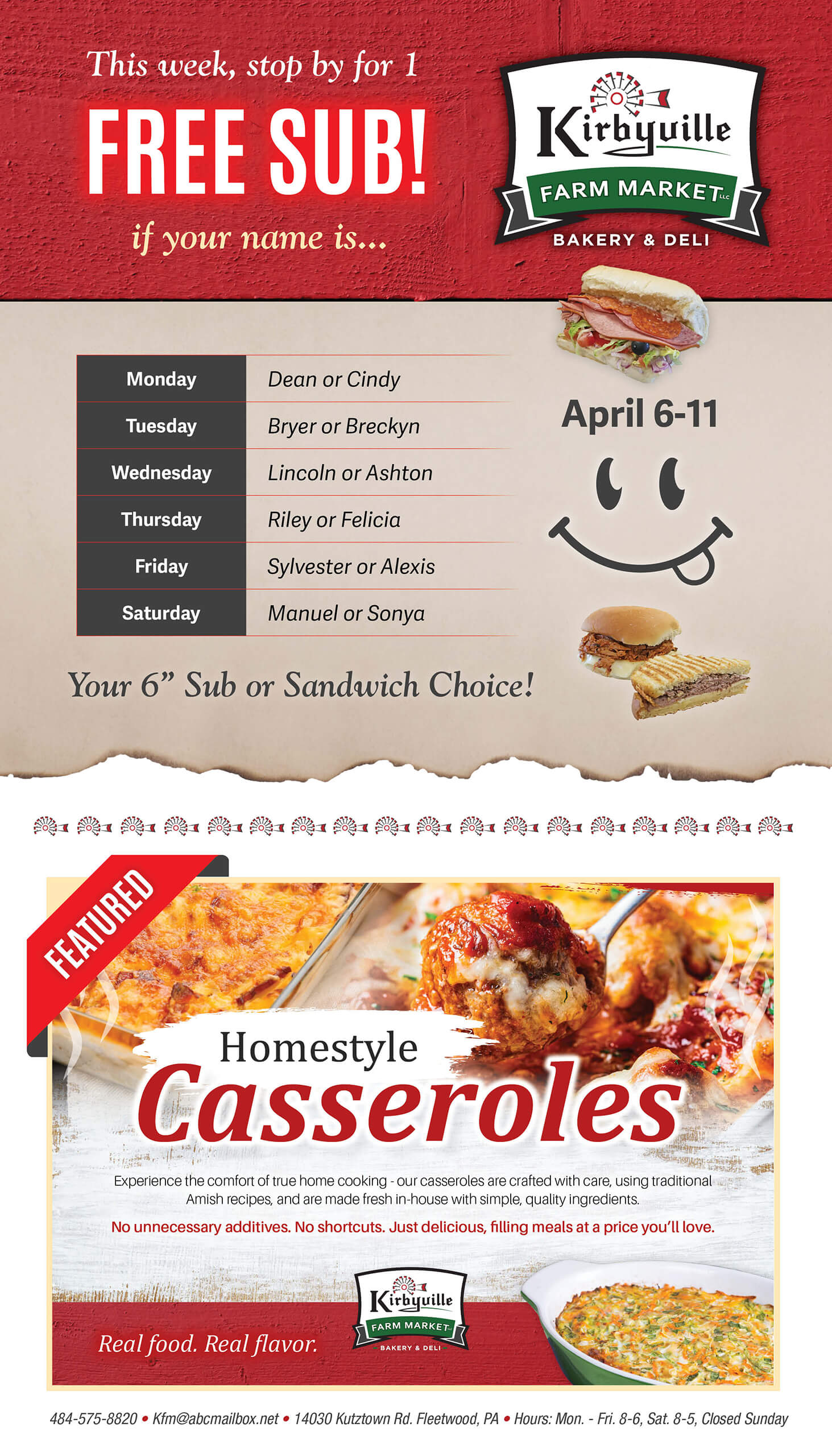 Kirbyville Farm Market ad offers a free 6-inch sub or sandwich April 6-11; features daily names, casserole promotion, contact info, and a sandwich image.