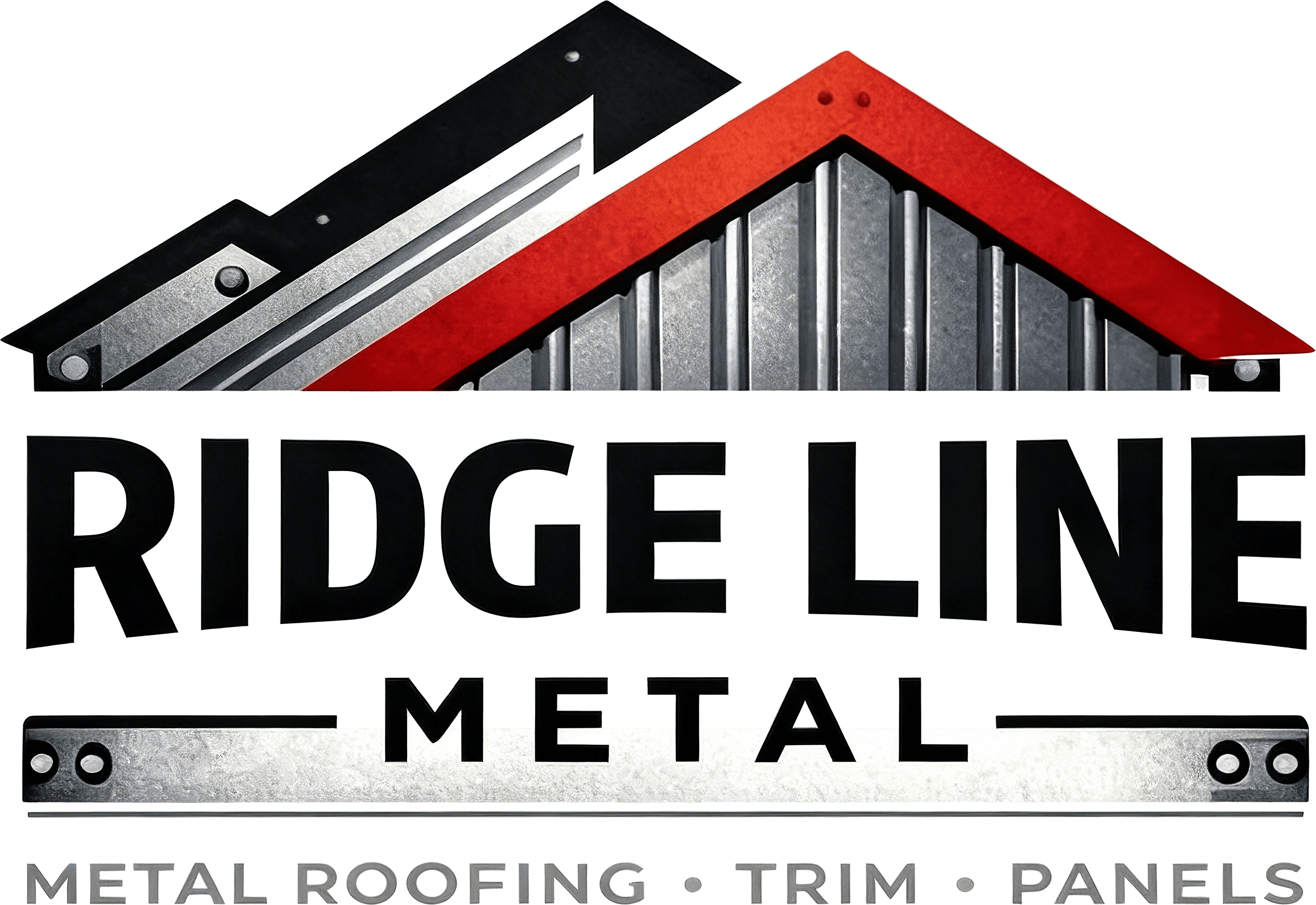 Logo for Ridge Line Metal featuring a stylized roof design above the company name, with text below reading "Metal Roofing • Trim • Panels.