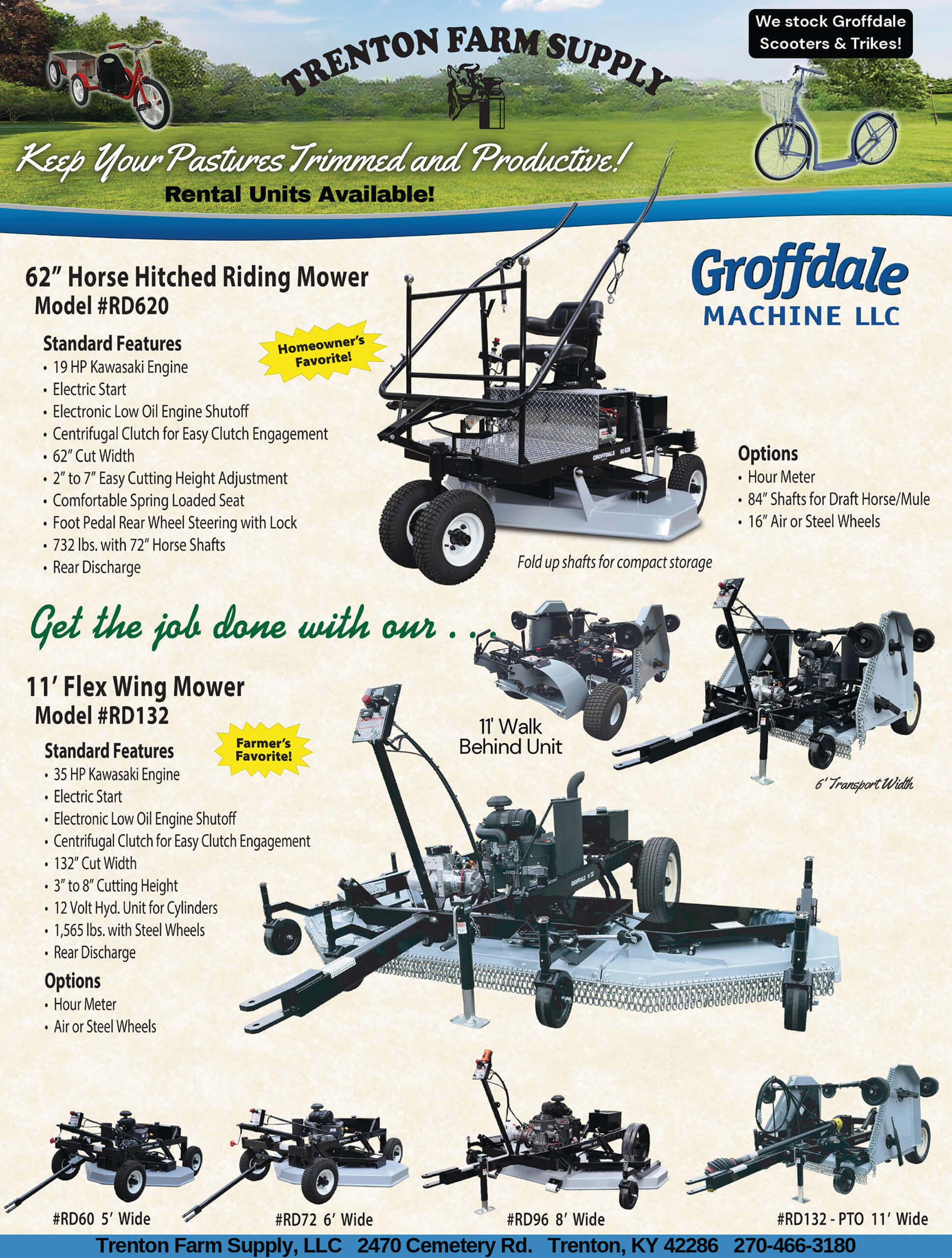 4.6.26 Trenton Farm Supply Groffdale Machine Flyer Promotional flyer showing horse hitched riding mowers, flex wing mower, and related equipment, with features, pricing, and contact information for Trenton Farm Supply and Groffdale Machine LLC.