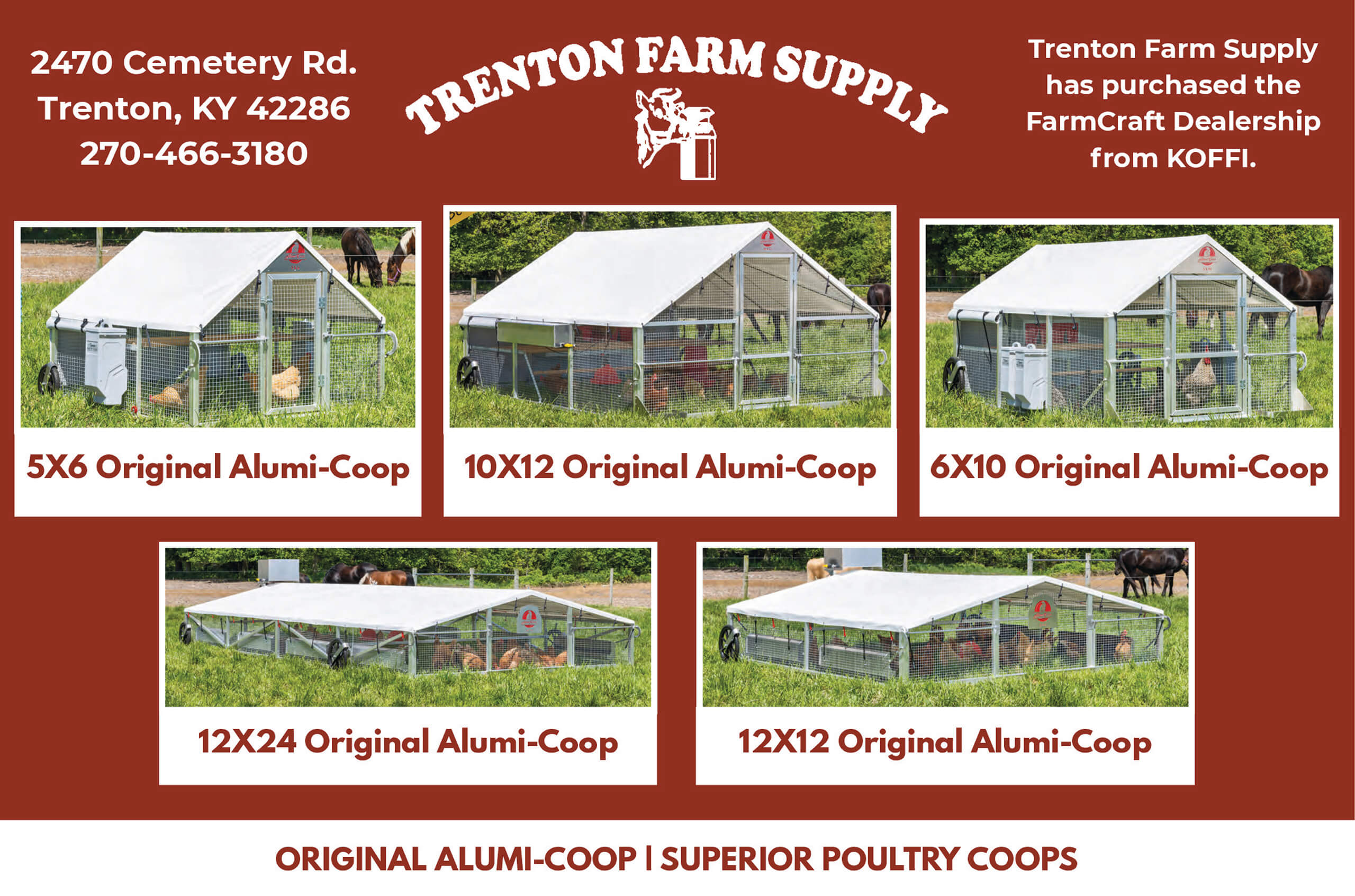 4.6.26 Trenton Farm Supply Original Alumi-Coop Flyer Four sizes of Original Alumi-Coop poultry coops are displayed with photos and dimensions, along with Trenton Farm Supply’s contact information and dealership announcement.