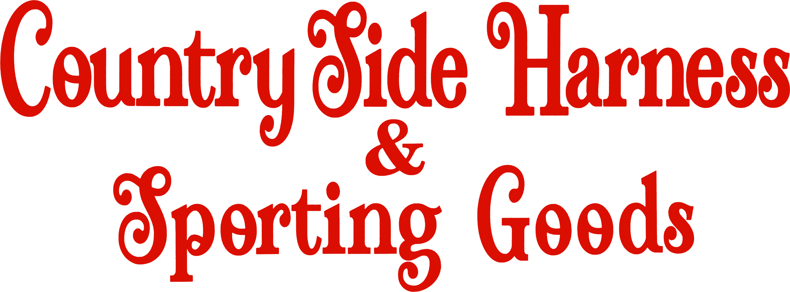 Red text on a white background reads "CountrySide Harness & Sporting Goods" in a decorative, bold font.