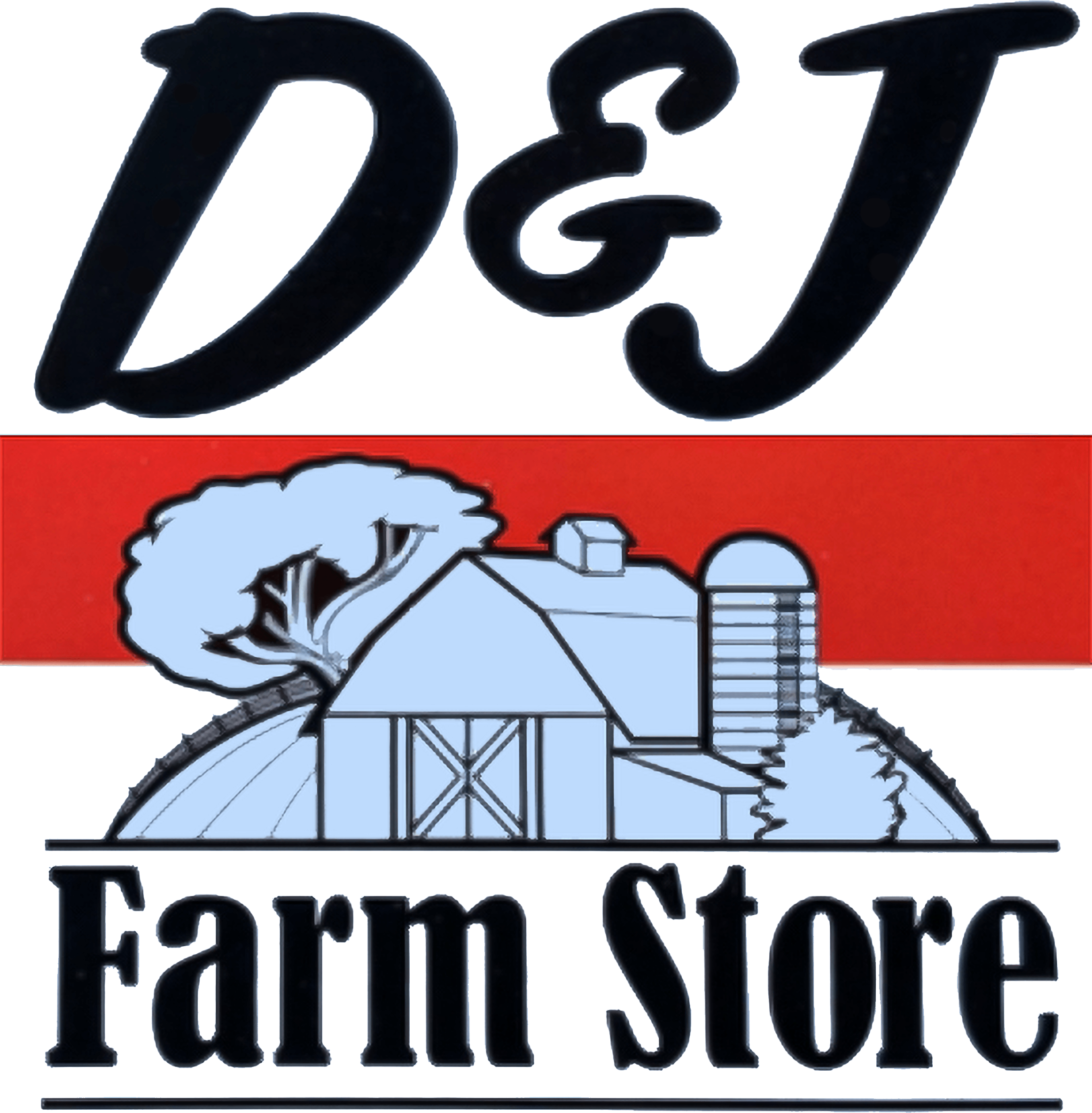 Black text reads “D&J Farm Store” above and below an illustration of a barn, silo, trees, and a red background.