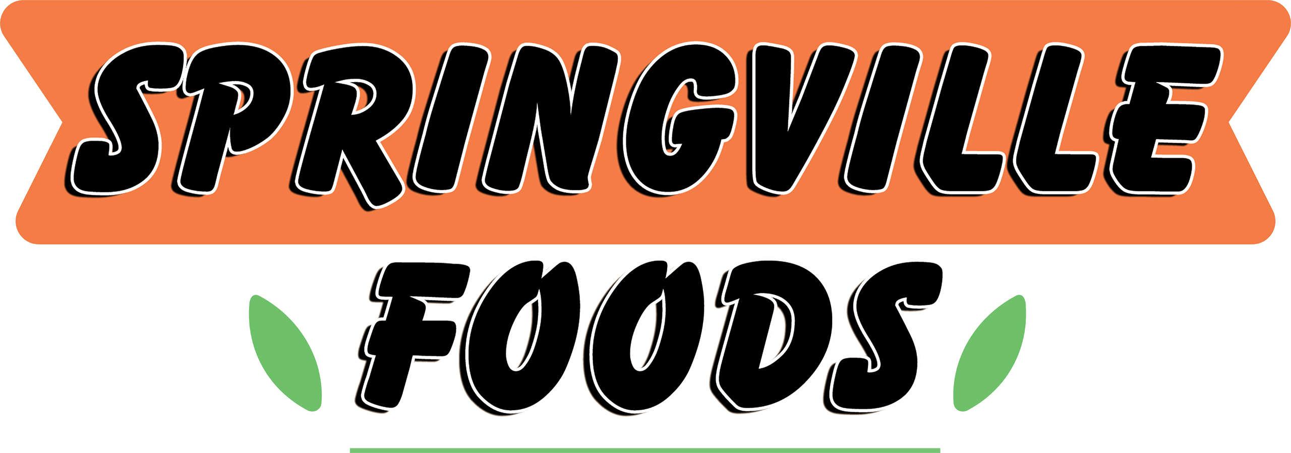 Logo with the text "Springville Foods" in bold black letters on orange and white backgrounds, with two green leaf graphics beside the word "Foods.