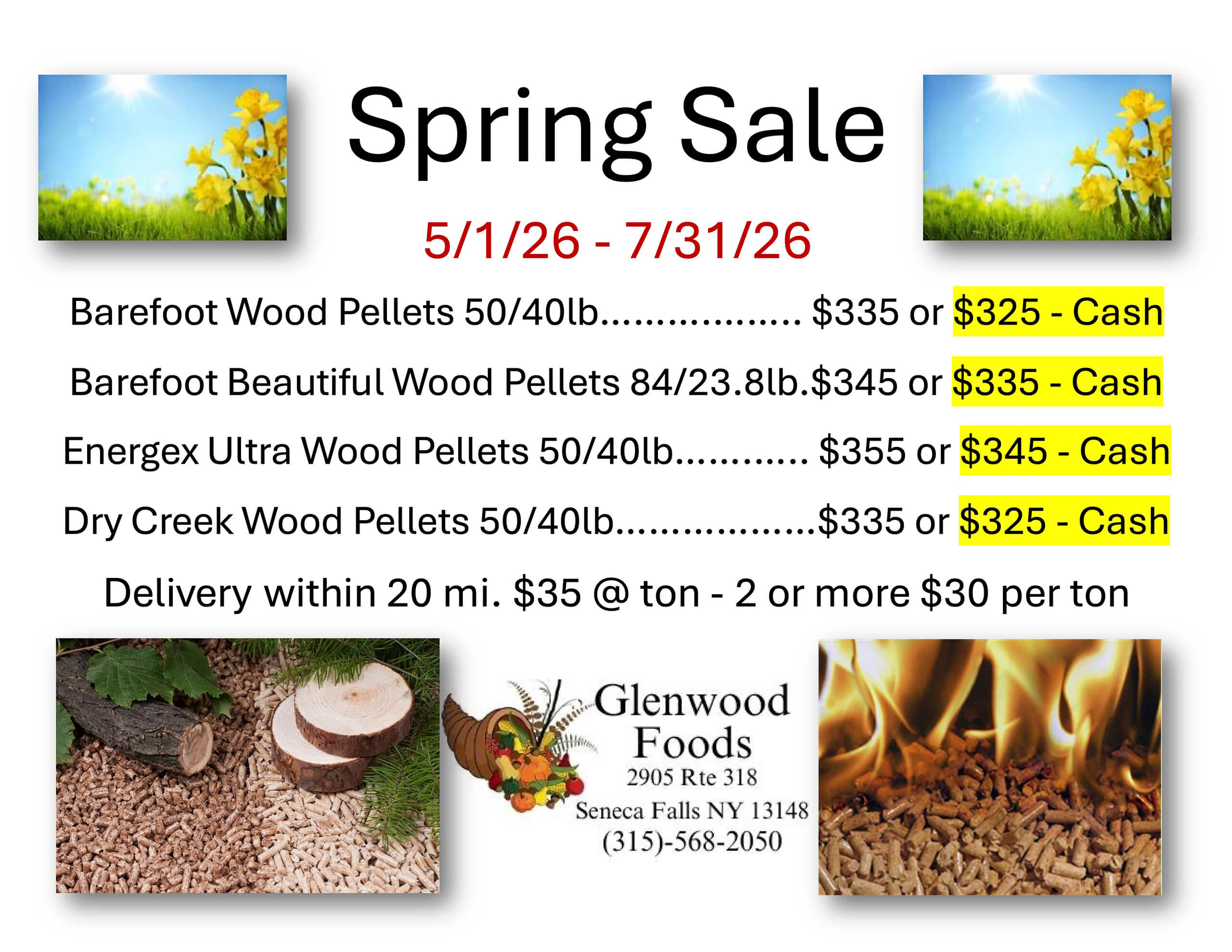 Spring sale flyer for wood pellets at Glenwood Foods with prices, sale dates 5/1/26–7/31/26, delivery info, and highlighted cash discounts.
