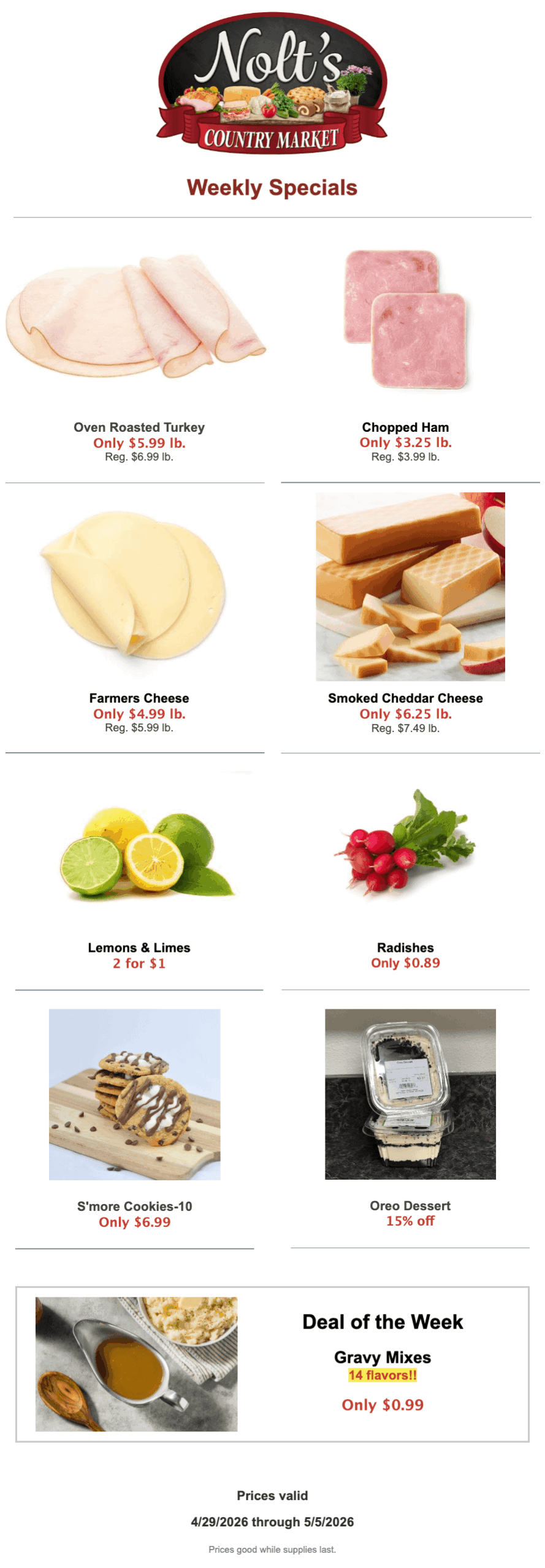 Nolt’s Country Market weekly specials include deli meats, cheeses, fruits, cookies, Oreo dessert, and gravy mixes, with prices and dates for 4/29/2026 to 5/2/2026.