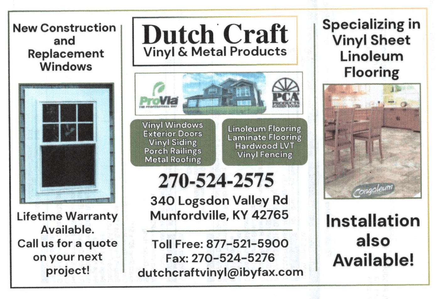 5.1.26 Dutchcraft Vinyl Ad Advertisement for Dutch Craft Vinyl & Metal Products featuring vinyl windows, linoleum flooring, contact info, and mentions of installation, warranty, and location in Munfordville, Kentucky.