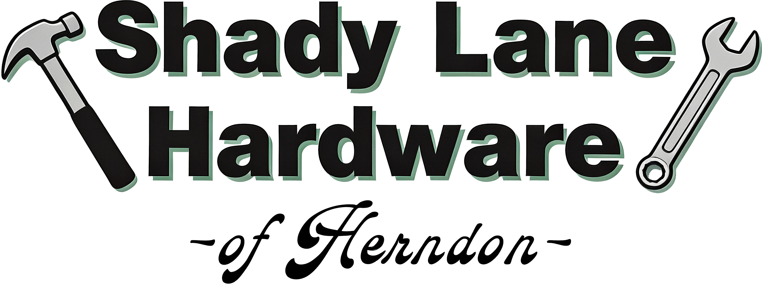 Logo for Shady Lane Hardware of Herndon, featuring a hammer on the left, a wrench on the right, and stylized black and green text.