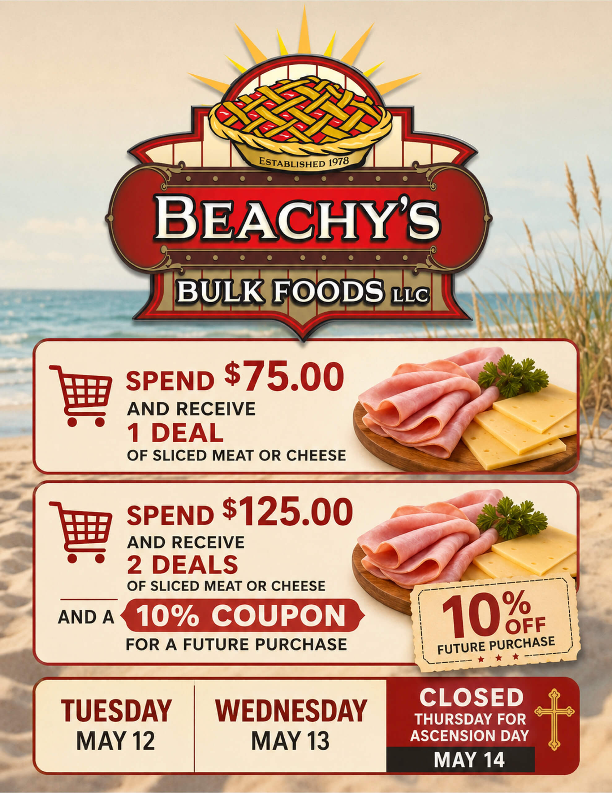 Promotional flyer for Beachy's Bulk Foods showing deals on meat and cheese purchases, store hours for May 12-14, and a closure notice for Ascension Day on May 14.