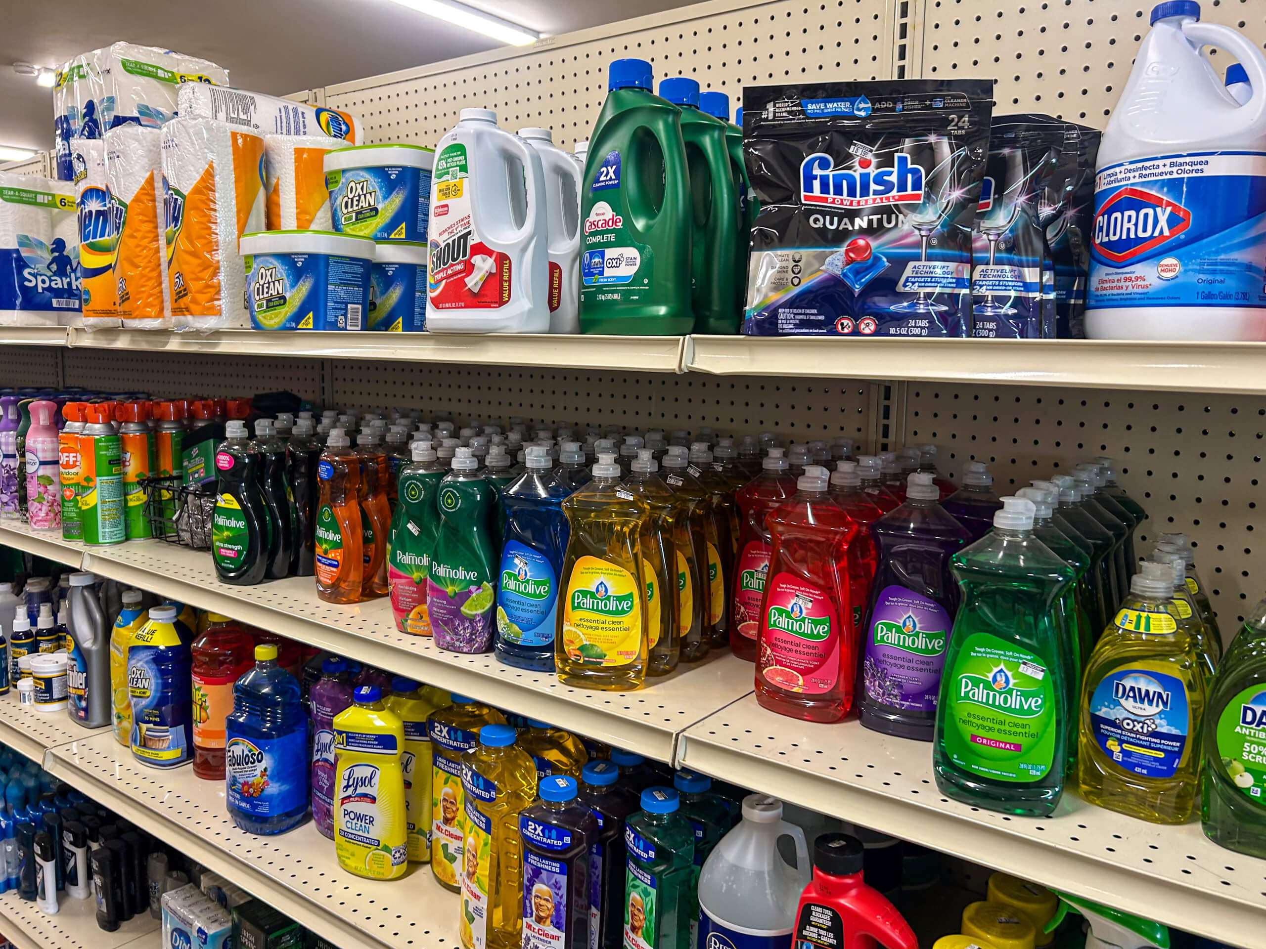 Jamar Groceries Kutztown PA Grocery store shelves stocked with dish soaps, laundry detergents, and cleaning supplies arranged in rows by brand and color.
