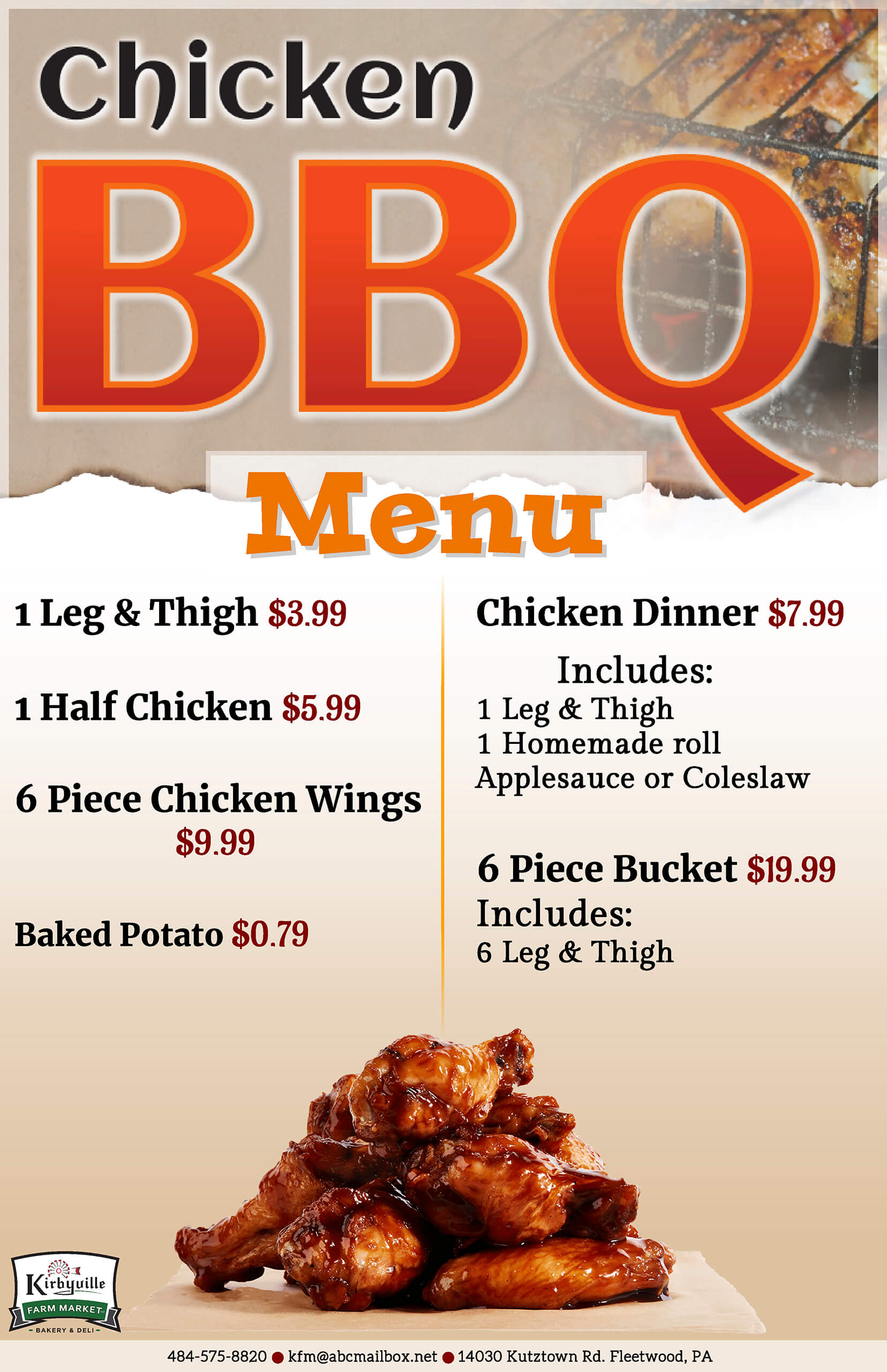 Menu advertising chicken BBQ items, including leg & thigh, half chicken, wings, baked potato, dinner, and bucket options, with prices listed. A photo of chicken wings is shown at the bottom.