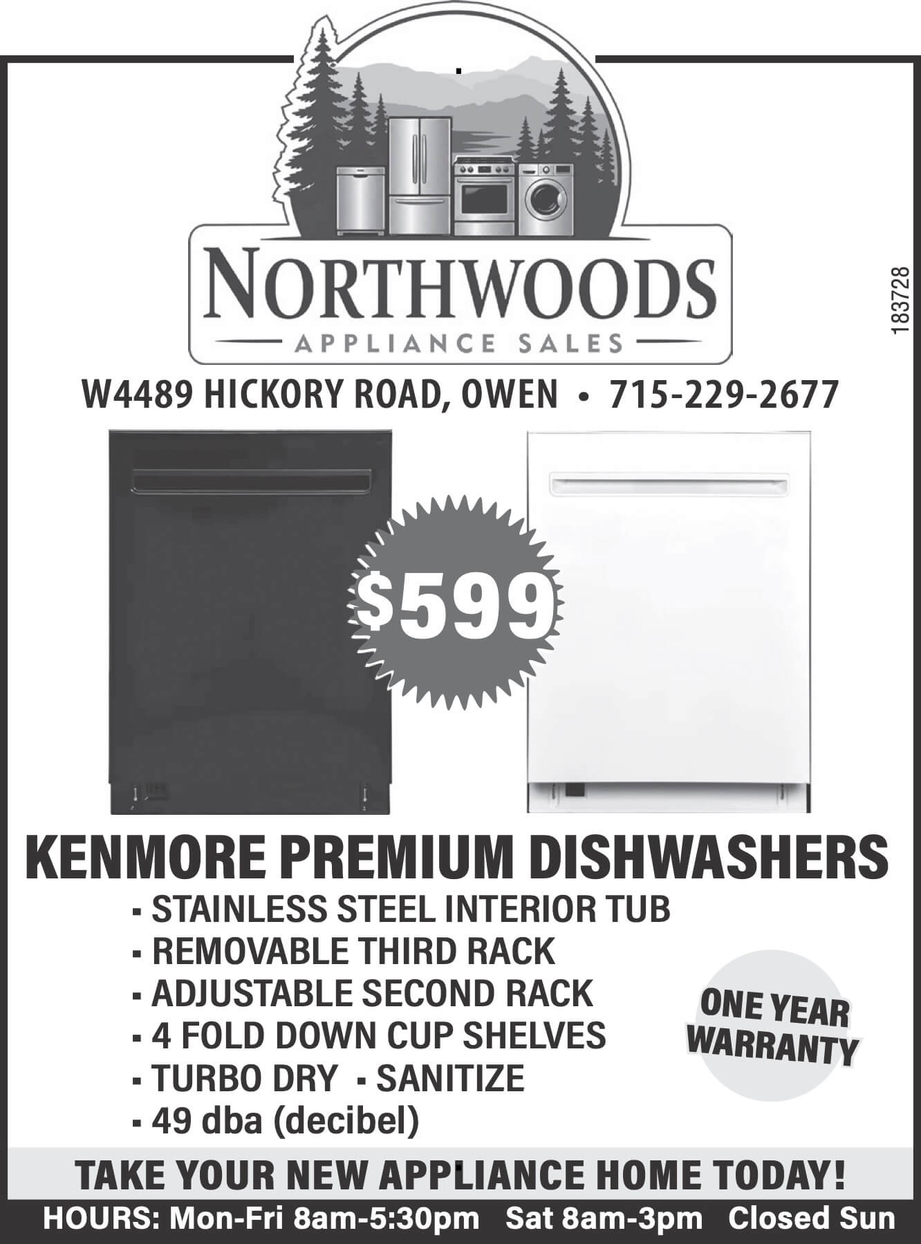5.16.26 Northwoods Appliance Sales Ad Two Kenmore dishwashers, one black and one white, are featured for $599 at Northwoods Appliance Sales. Key features and store hours are listed in the ad.