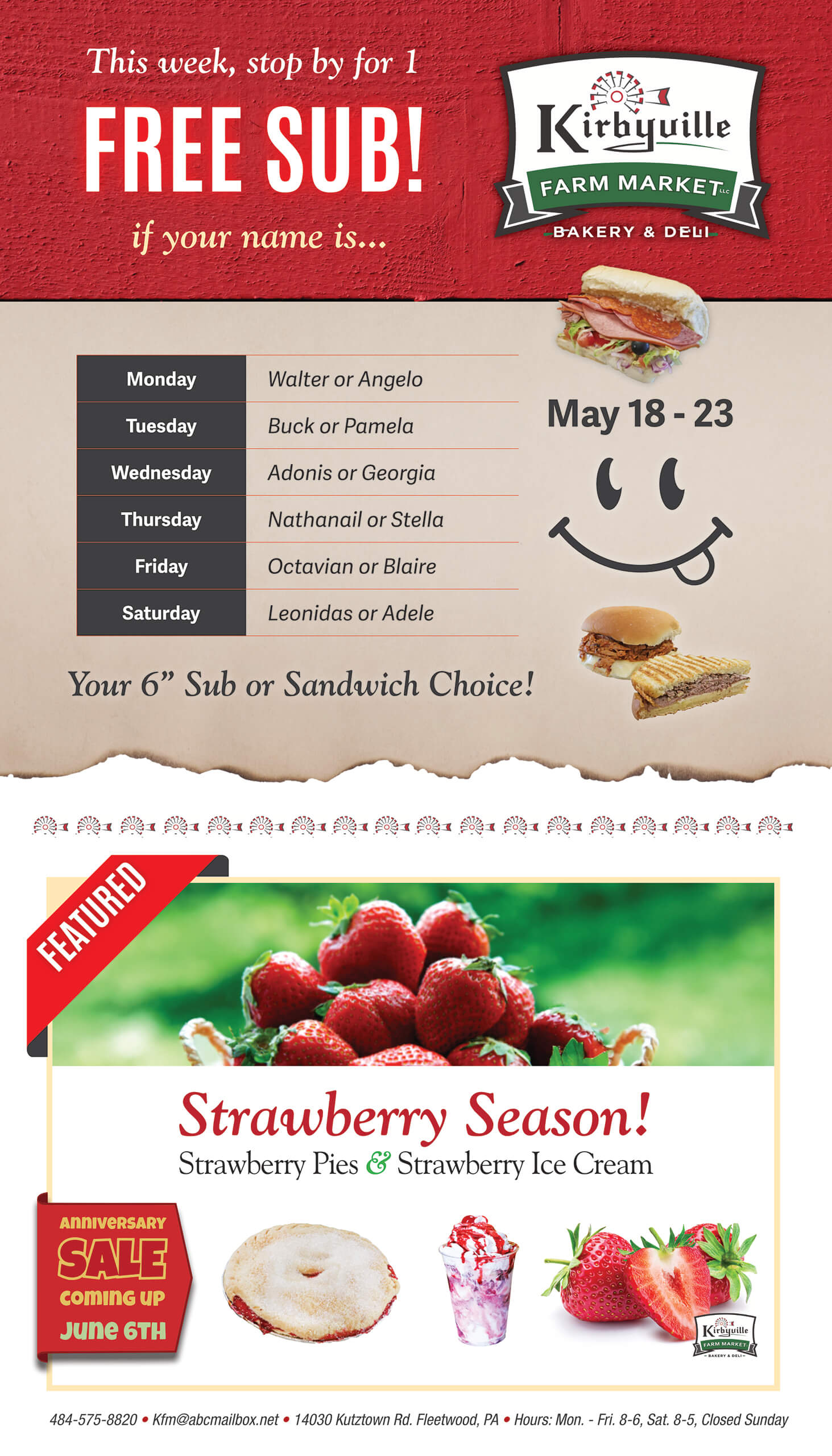 Promotional flyer for Kirbyville Farm Market offering a free sub with select names May 18-23; also features strawberry pies, ice cream, and an upcoming sale ending June 6th.