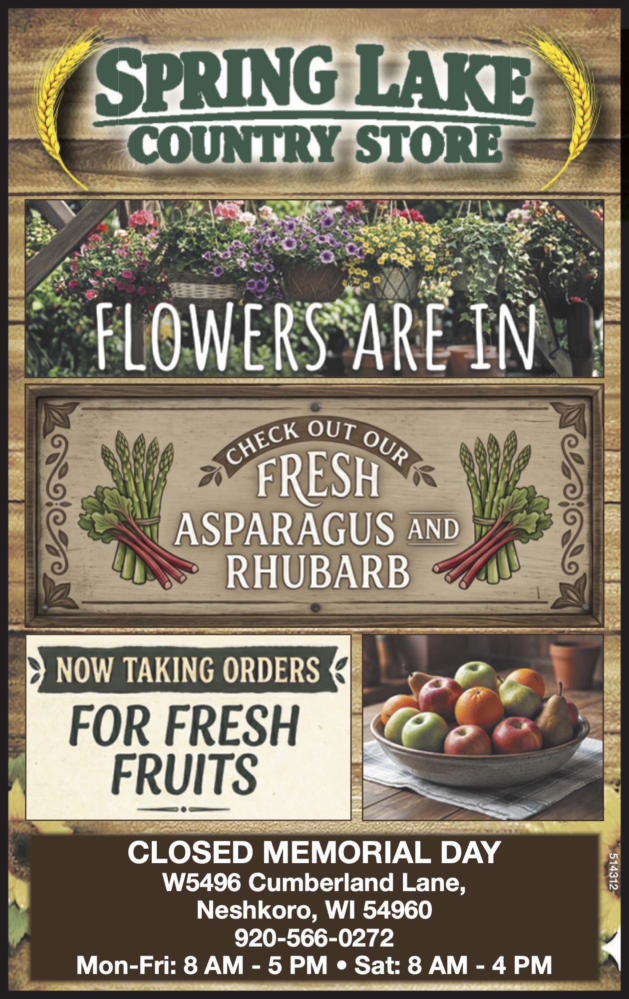 Spring Lake Country Store sign advertises fresh asparagus, rhubarb, flowers, fruit orders, hours of operation, address, phone number, and Memorial Day closure.