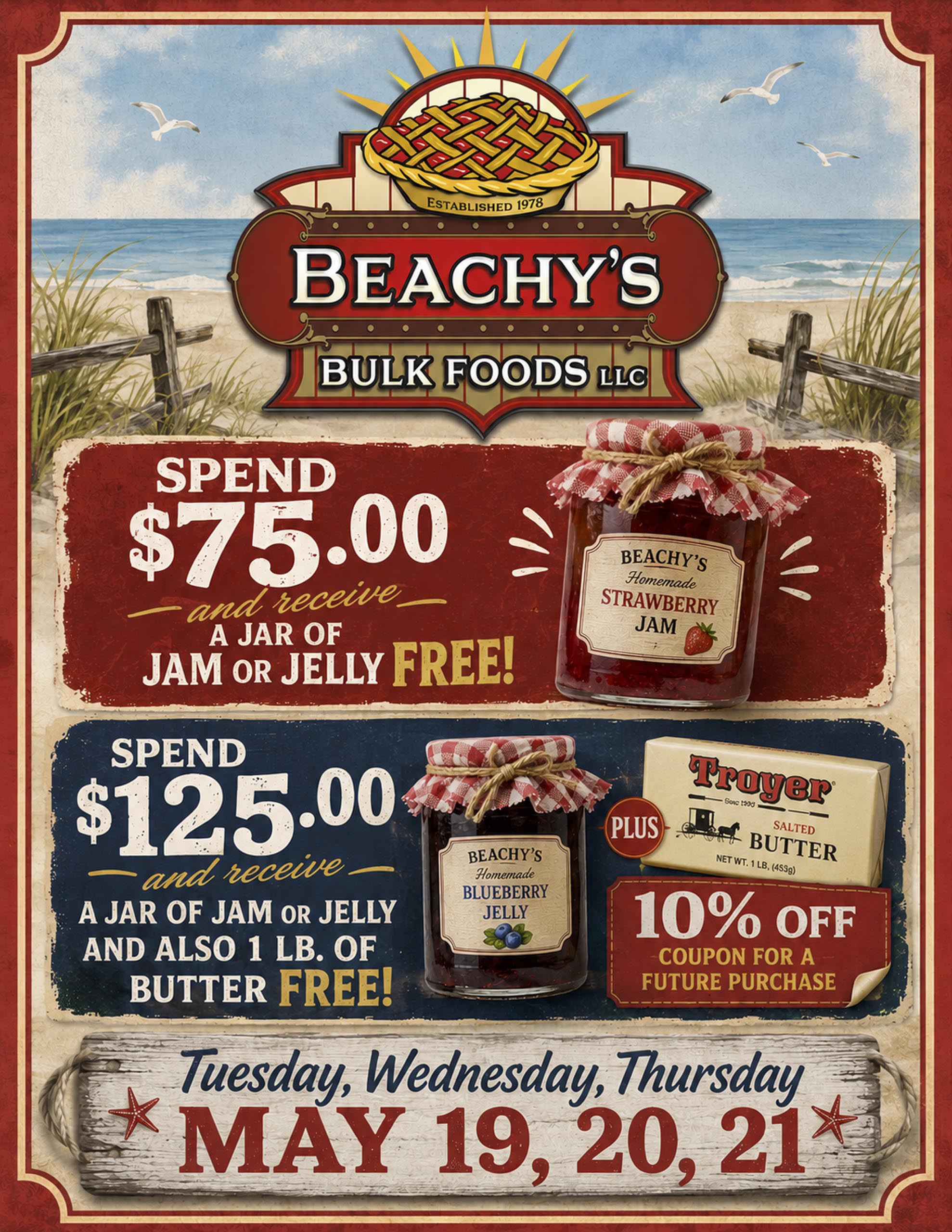 Promotional flyer for Beachy’s Bulk Foods offers free jam or jelly with $75 purchase, and free jam or jelly plus butter with $125 purchase, May 19-21. 10% off Troyer butter coupon included.