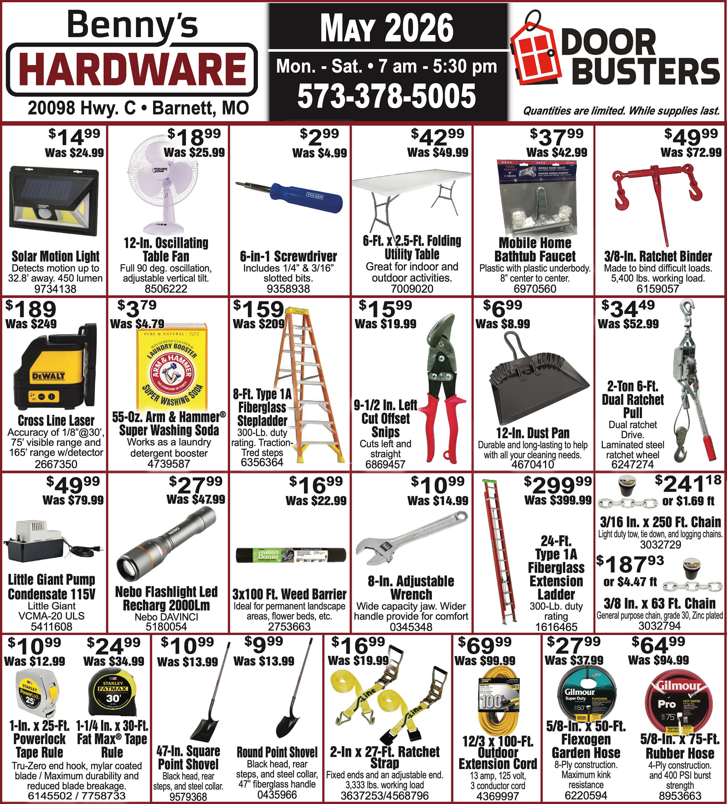 A hardware store ad flyer displays images, prices, and descriptions of tools and home improvement products, featuring sale items and contact details for Benny’s Hardware in Barnett, MO.