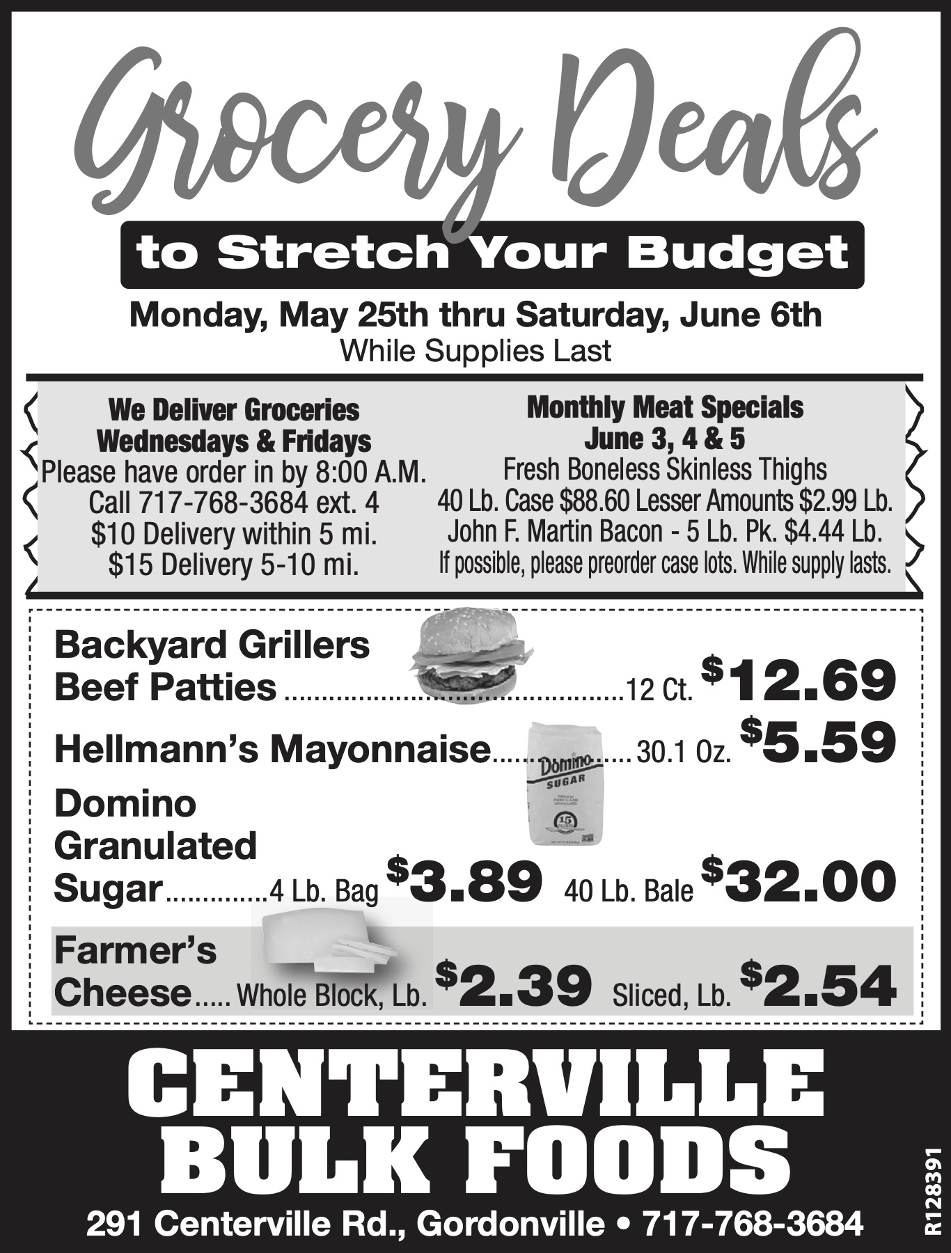 Black-and-white grocery store flyer listing weekly deals on meat, groceries, and dairy, with prices and contact info for Centerville Bulk Foods in Gordonville, PA.