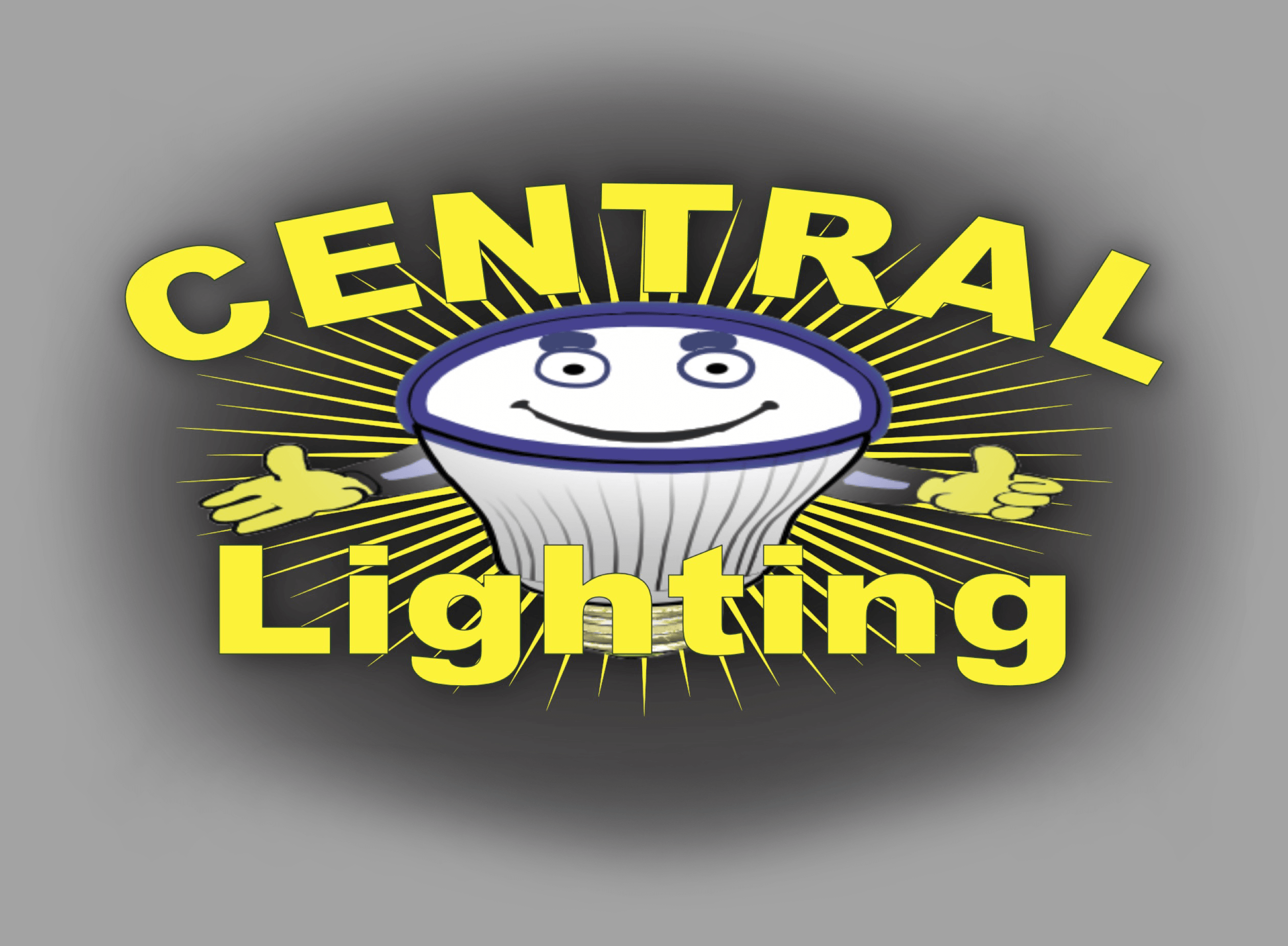 Cartoon lightbulb character with a smiling face and outstretched arms, surrounded by yellow rays, with the text "Central Lighting" in bold yellow letters.