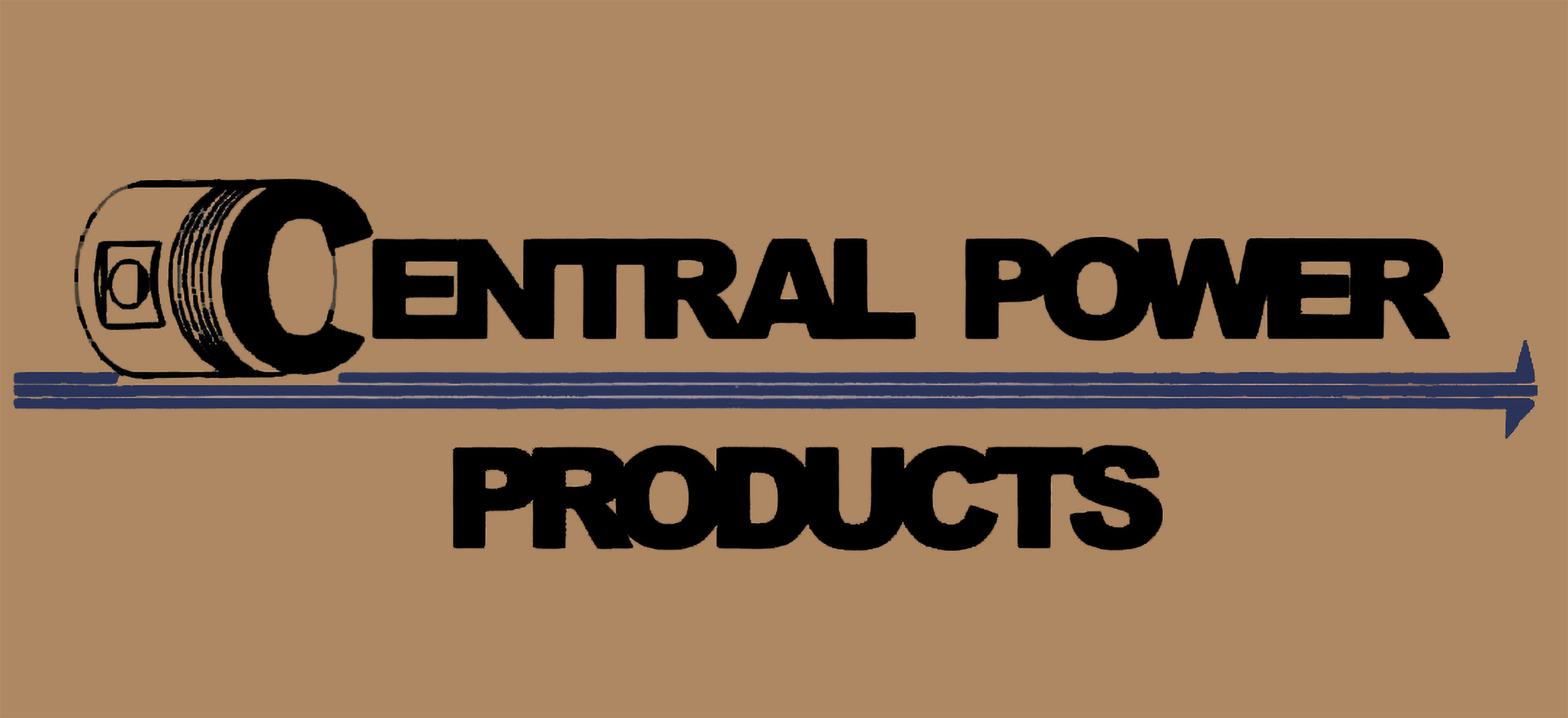 Logo for Central Power Products featuring a drawing of a piston on the left, with the company name in bold black letters and two horizontal blue lines underneath.