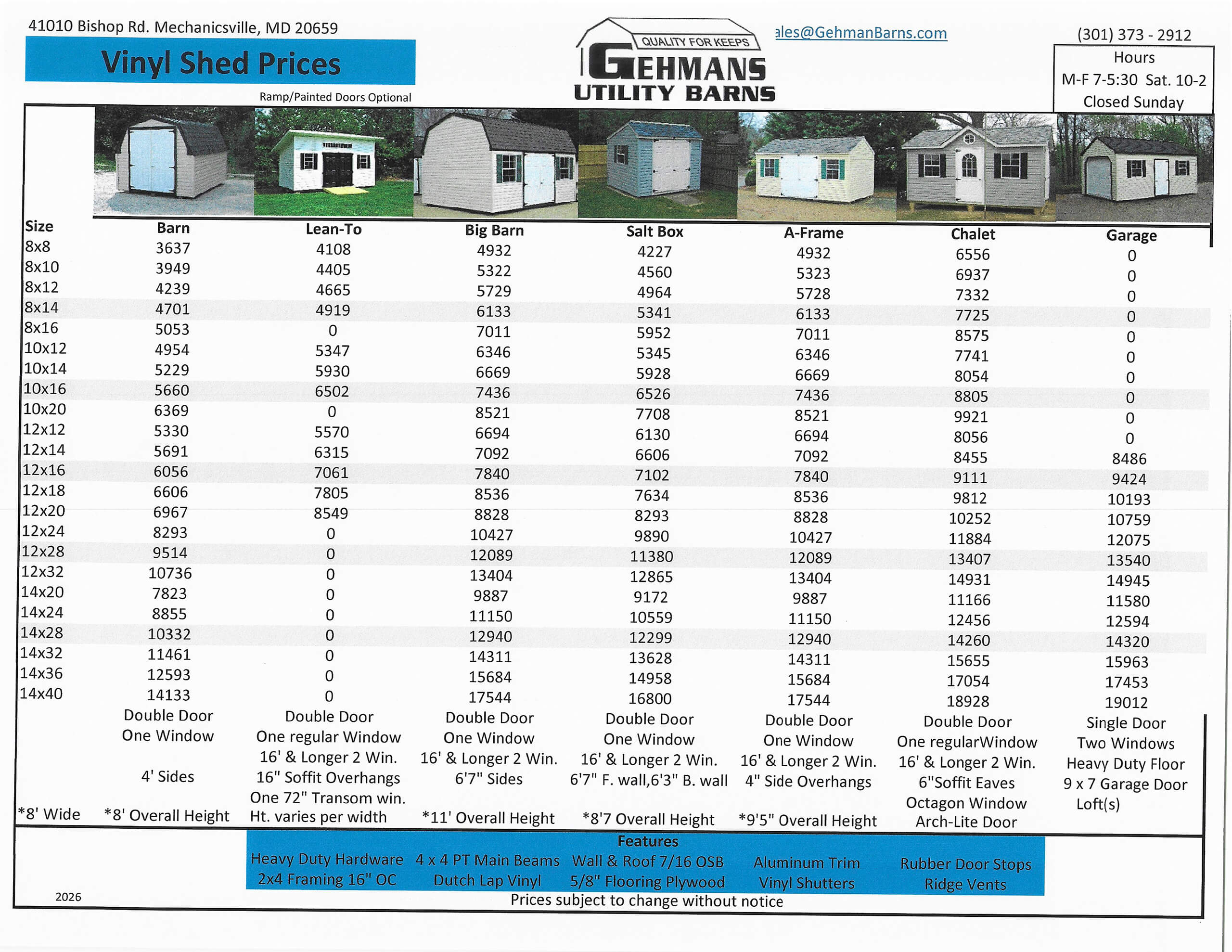 5.20.26 Gehman's Utility Barns Price Sheet 1 Table listing prices for different sizes and styles of vinyl sheds from Gehman's Utility Barns, including barn, big barn, salt box, A-frame, and chalet models, with options and contact info.